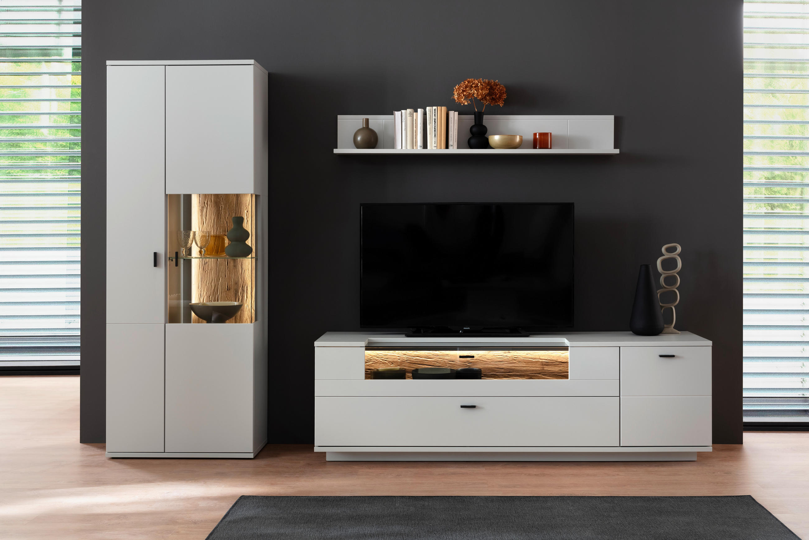 WOHNWAND  in Weiss, Eichefarben 280/199/50 cm  - Weiss/Eichefarben, Design, Glas/Holzwerkstoff (280/199/50cm) - Stylife