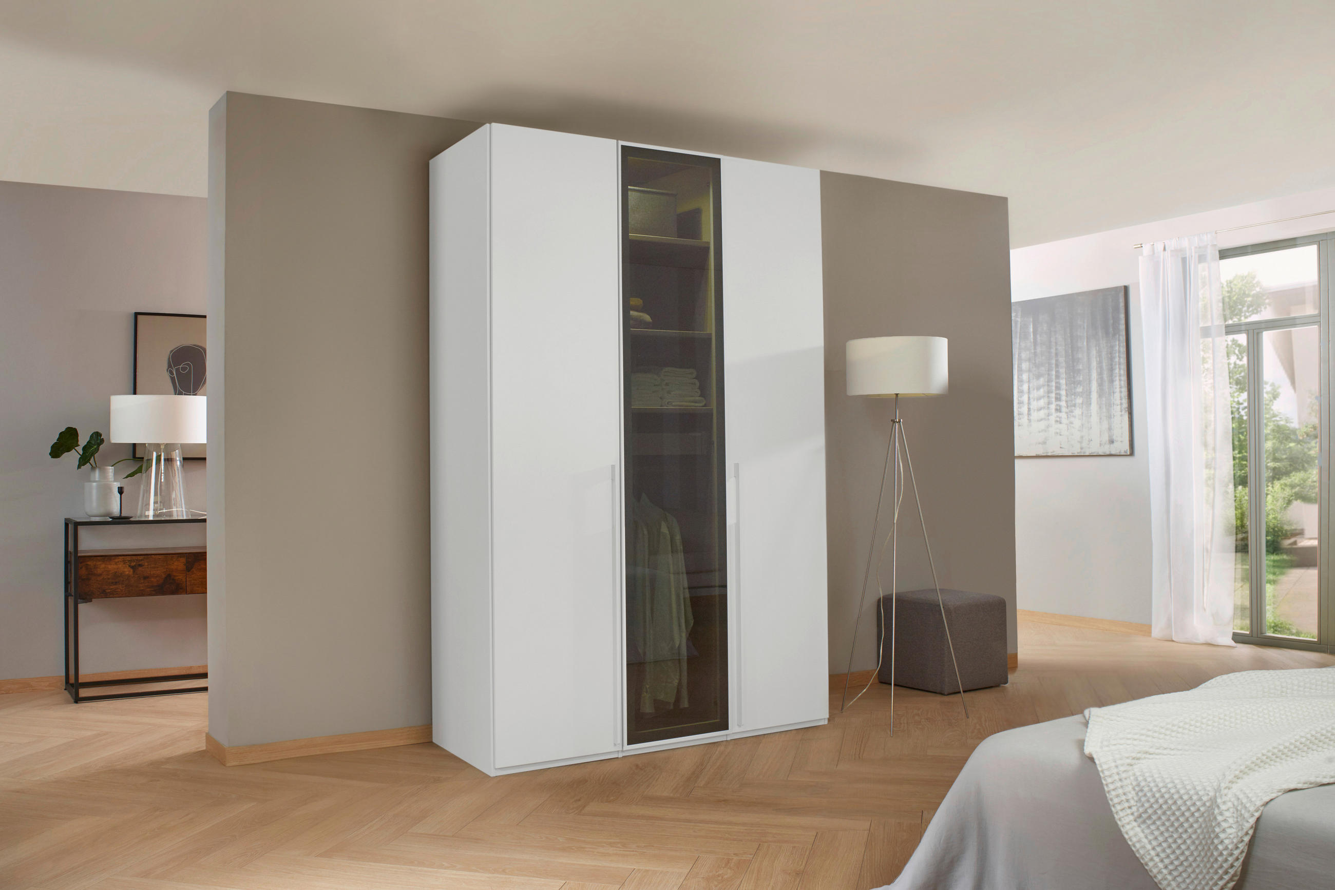 DREHTÜRENSCHRANK in Grau, Weiss  - Weiss/Grau, Trend, Glas/Holzwerkstoff (151/223/60cm) - Novel