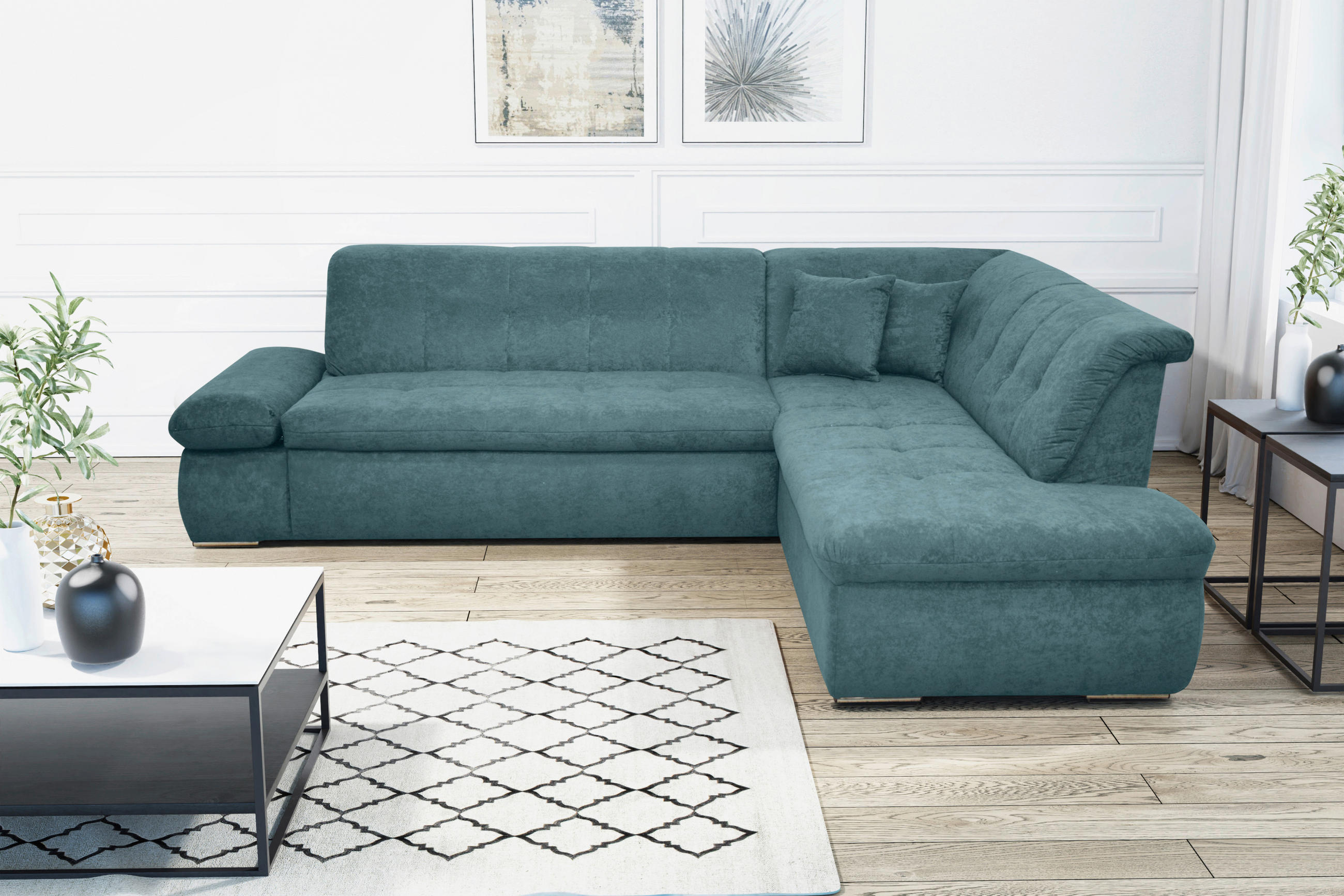 Ecksofa Petrol Mikrofaser - Chromfarben/Petrol, KONVENTIONELL, Textil/Metall (273/216cm) - MID.YOU