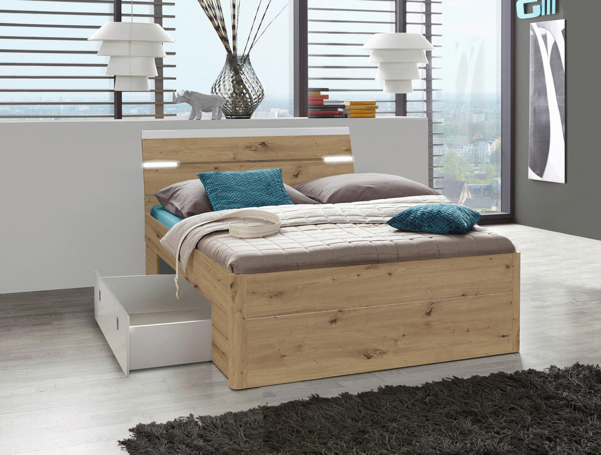 STAURAUMBETT 180/200 cm,  in Weiß, Eiche Artisan,  - Weiß/Eiche Artisan, KONVENTIONELL, Holzwerkstoff/Kunststoff (180/200cm) - MID.YOU