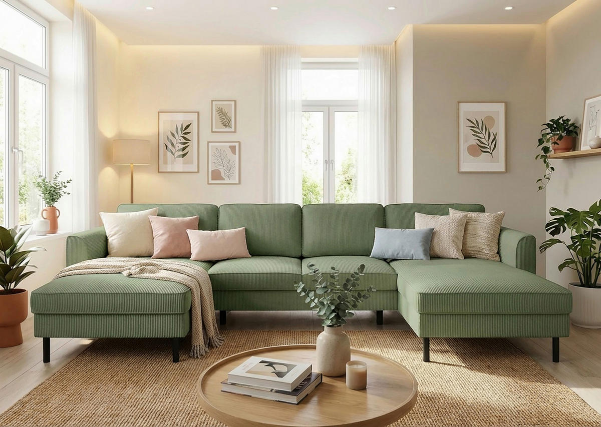 WOHNLANDSCHAFT Cord Grün  - Schwarz/Grün, Modern, Textil/Metall (161/306/161cm) - Trendmanufaktur