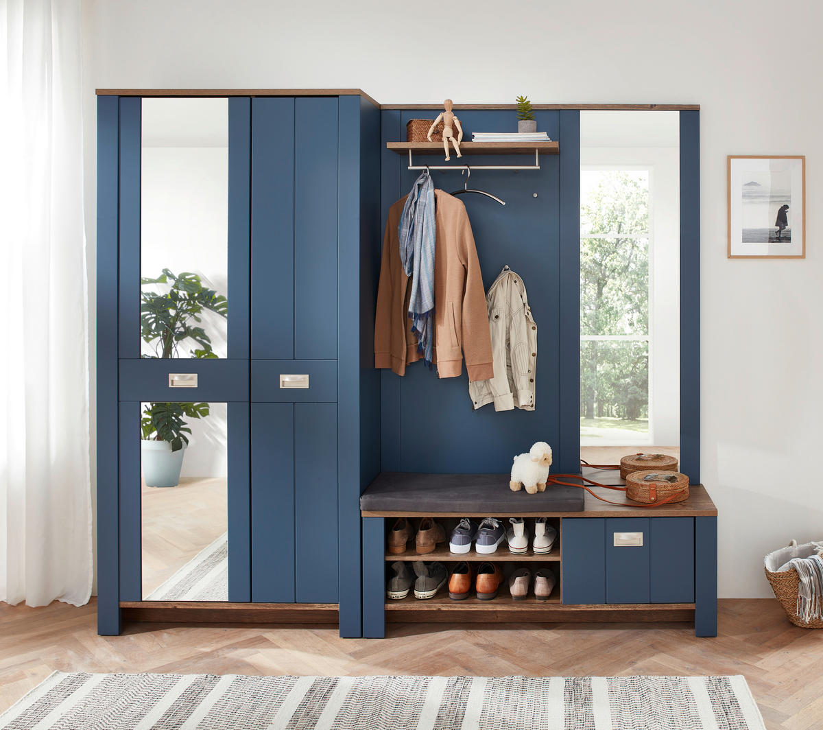 GARDEROBENBANK  in 130/52/38 cm  - Blau/Eichefarben, LIFESTYLE, Holzwerkstoff/Metall (130/52/38cm) - MID.YOU