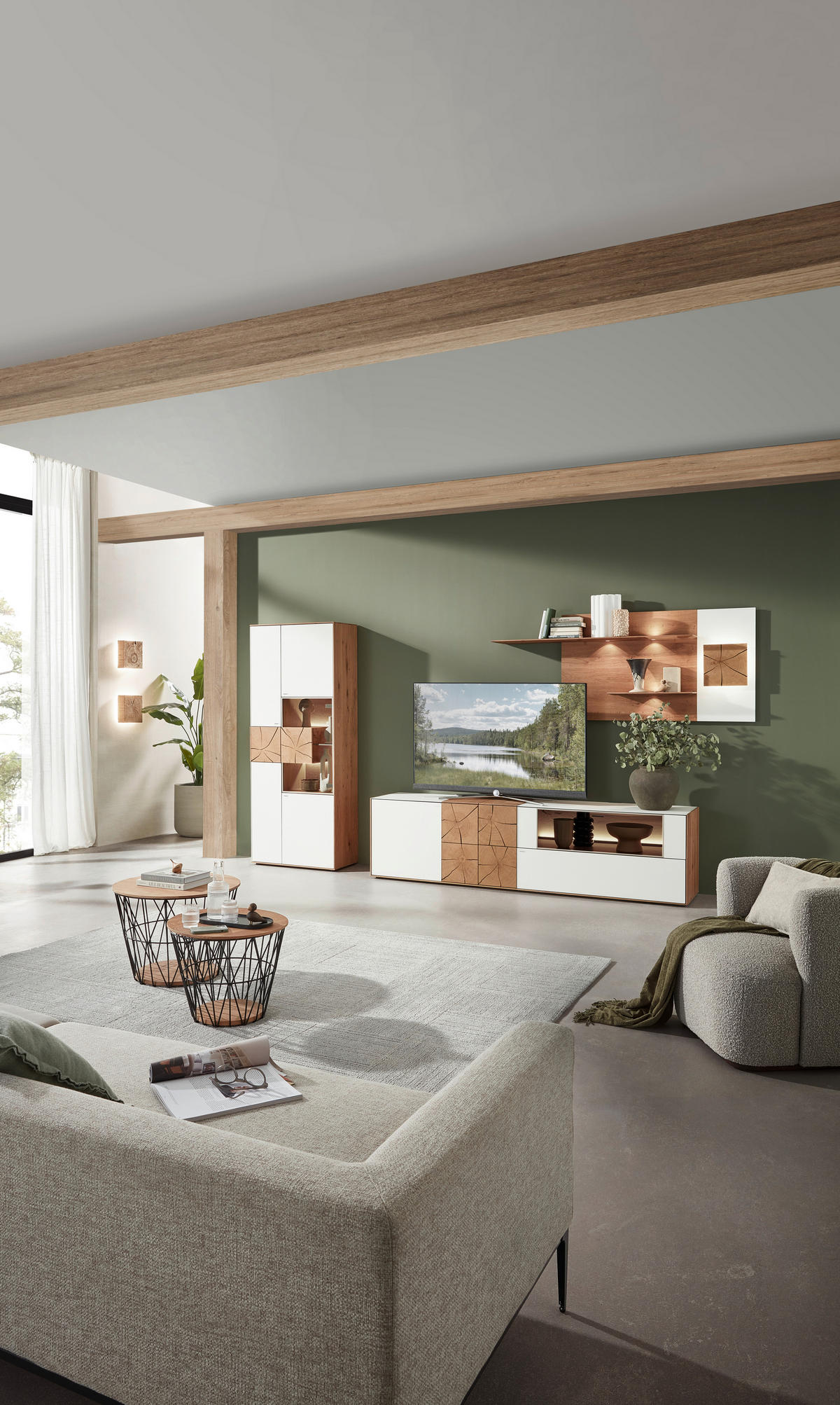 WOHNWAND  in Weiss, Eichefarben 271/196/49 cm  - Weiss/Eichefarben, Design, Glas/Holz (271/196/49cm) - Valnatura