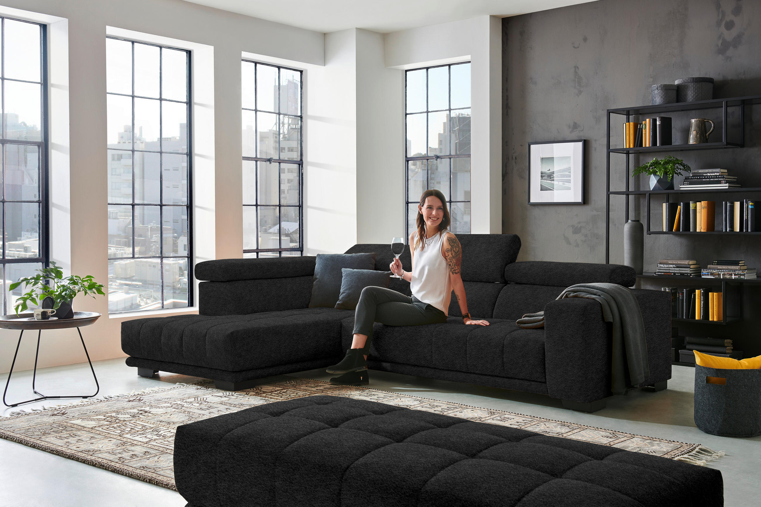 ECKSOFA in Mikrofaser Anthrazit  207/301 cm  - Anthrazit/Schwarz, Design, Textil/Metall (207/301cm) - Xora