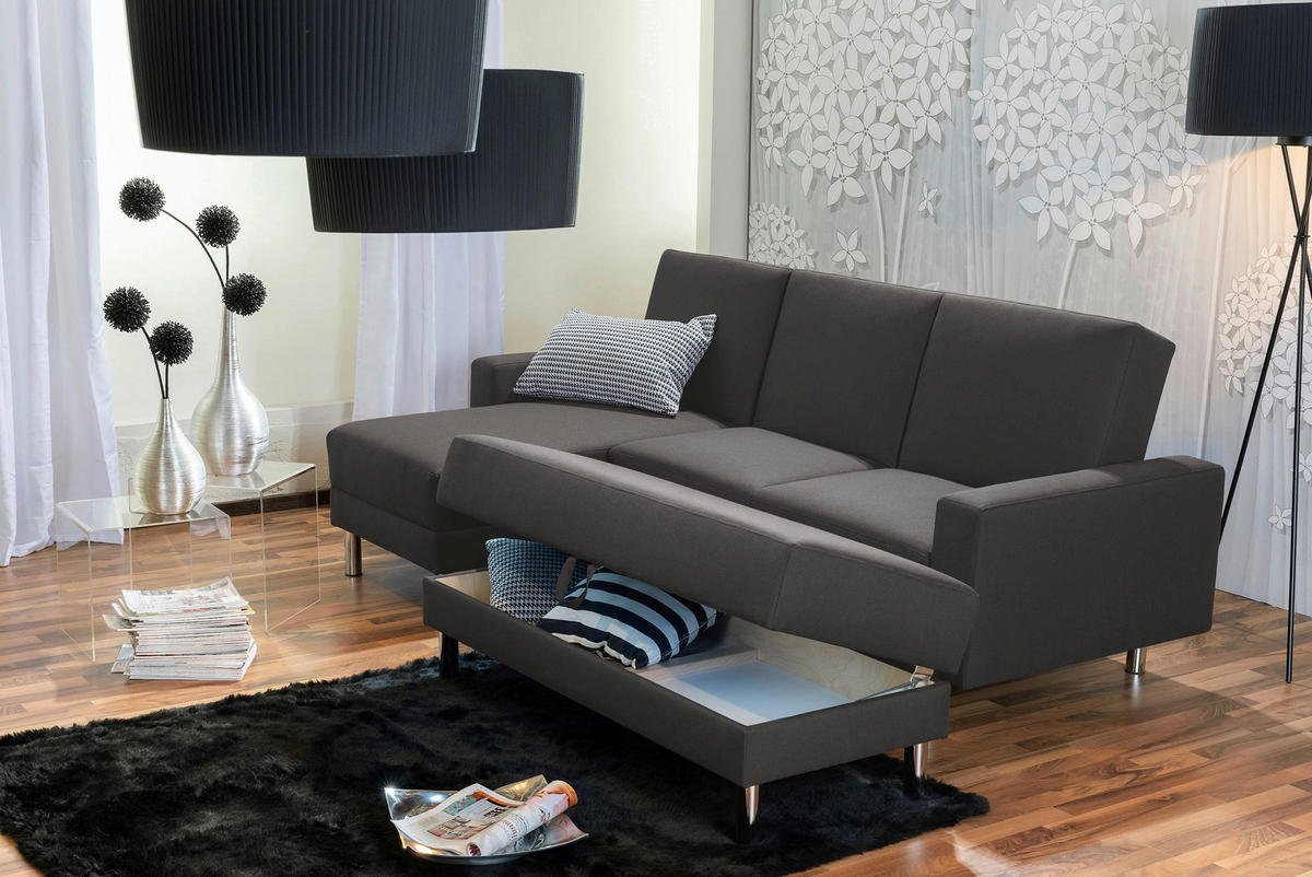 ECKSCHLAFSOFA inkl. Hocker in Anthrazit Textil   - Chromfarben/Anthrazit, Konventionell, Textil/Metall (152/230cm) - Max Winzer