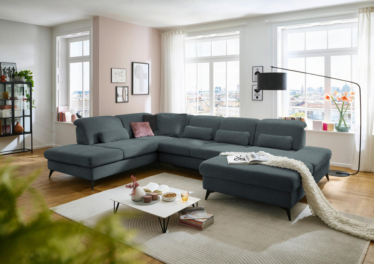 WOHNLANDSCHAFT Chenille Blau  - Blau/Schwarz, Design, Textil/Metall (255/364/198cm) - Beldomo Style