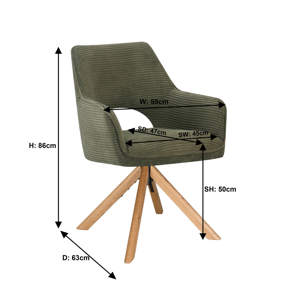 ARMLEHNSTUHL  Sitzfläche 360° drehbar, inklusive Armlehnen Cord  Grün, Eichefarben  - Eichefarben/Grün, Design, Holz/Textil (60/85/63cm) - Hom`in