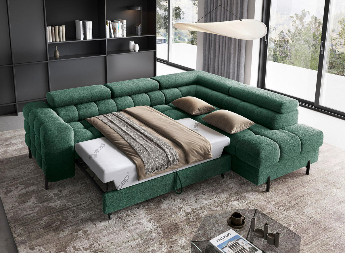 ECKSOFA FERUCCE Dunkelgrün Teddystoff Bettkasten, Kopfteilverstellung  - Dunkelgrün/Schwarz, Design, Textil/Metall (276/200cm) - MID.YOU