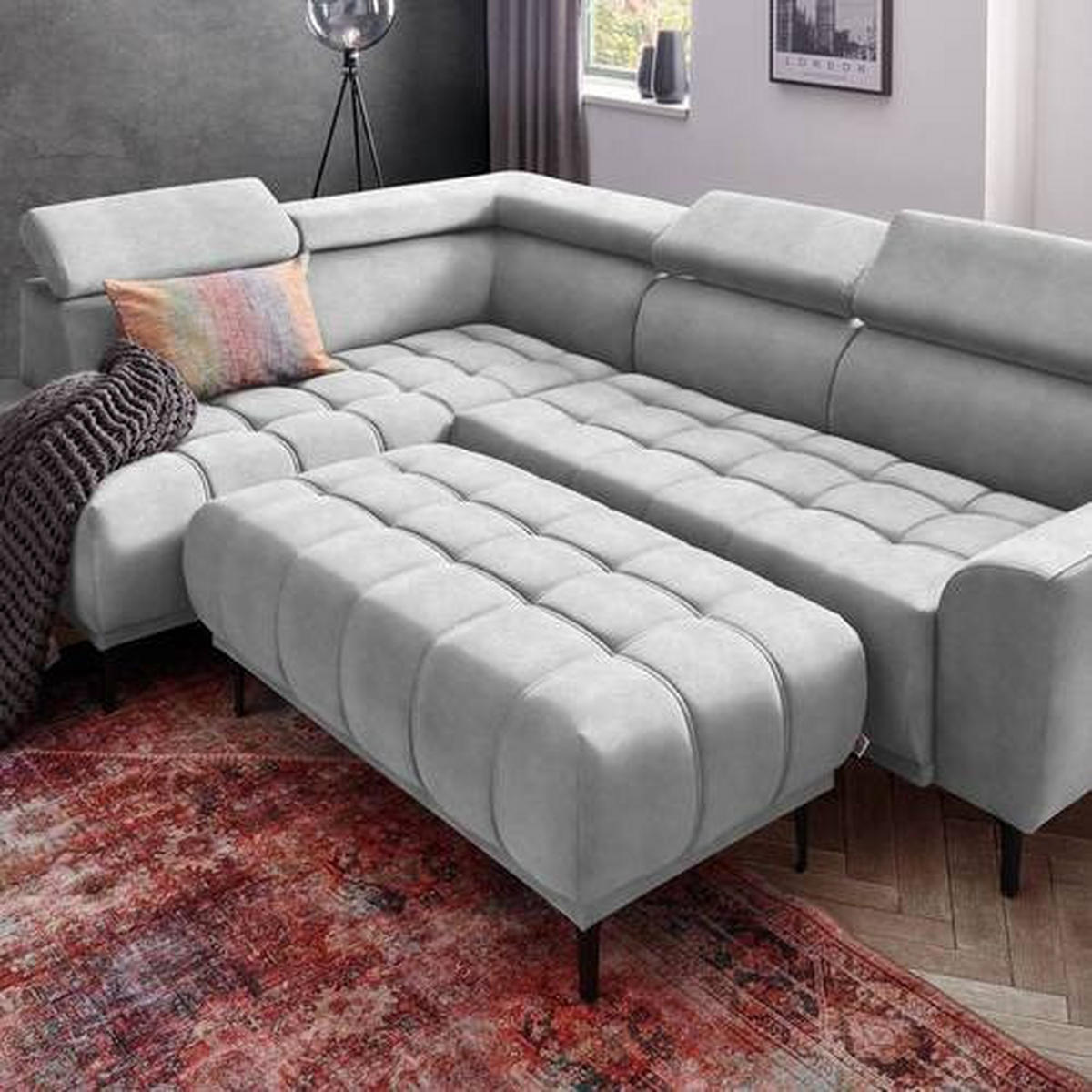 ECKSOFA in Velours Hellgrau  - Hellgrau/Schwarz, Design, Textil/Metall (191/261cm) - Stylife