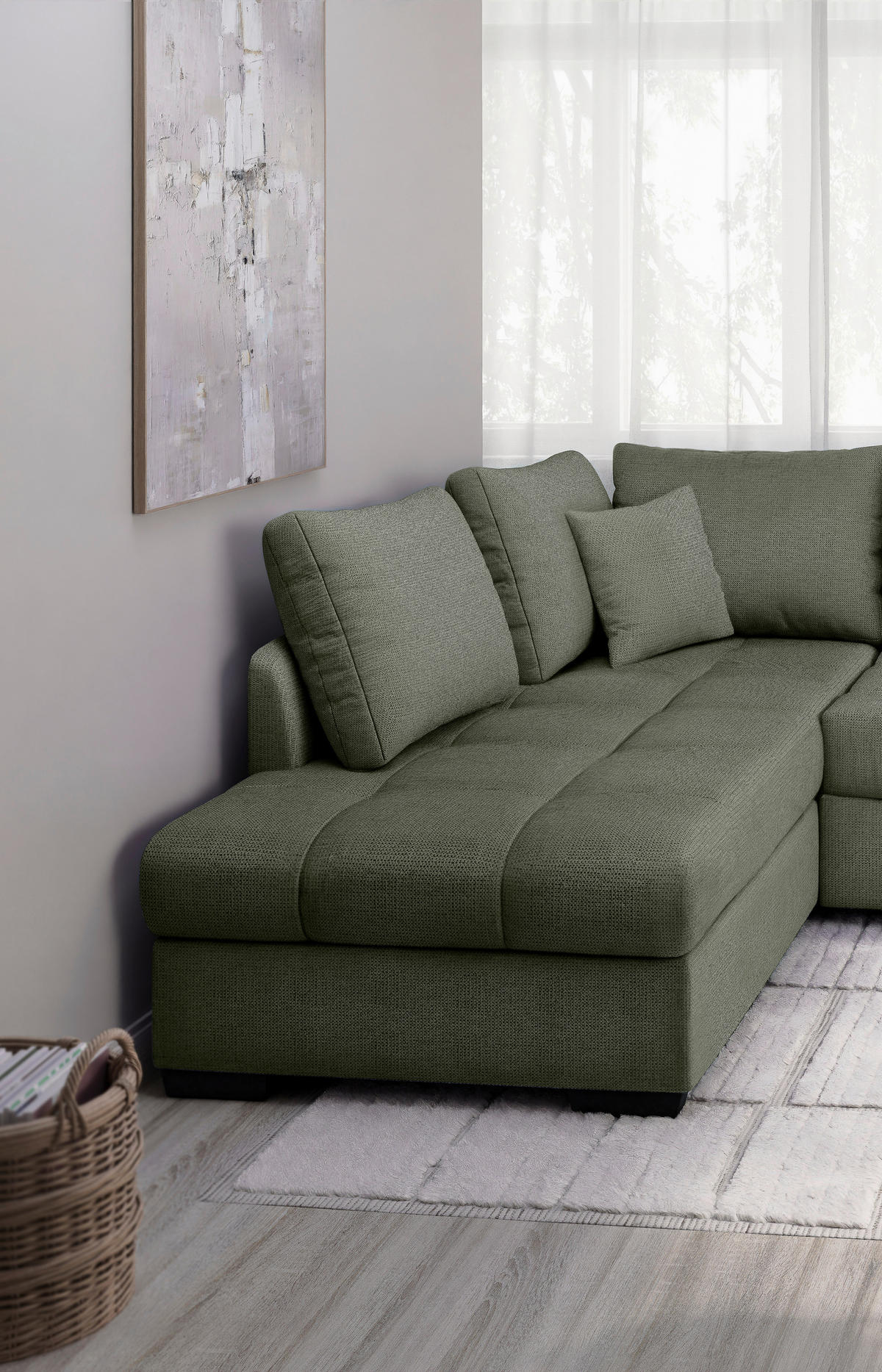 ECKSCHLAFSOFA Dunkelgrün Chenille  - Dunkelgrün/Schwarz, MODERN, Holz/Textil (202/298cm) - MID.YOU