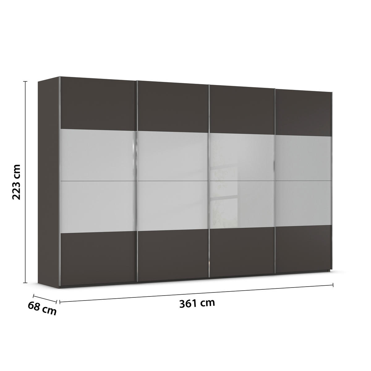 SCHWEBETÜRENSCHRANK 361/223/68 cm 4-türig Graphitfarben, Grau  - Chromfarben/Graphitfarben, KONVENTIONELL, Glas/Holzwerkstoff (361/223/68cm) - Novel