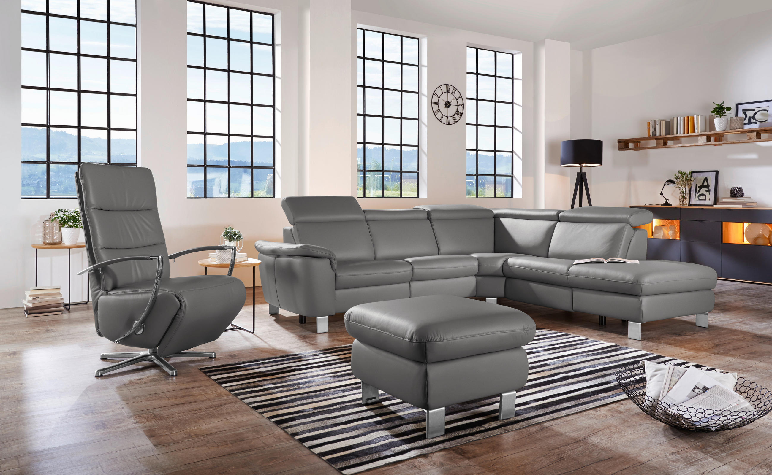 ECKSOFA in Echtleder Dunkelgrau  - Dunkelgrau/Alufarben, Design, Leder/Metall (271/239cm) - Cantus