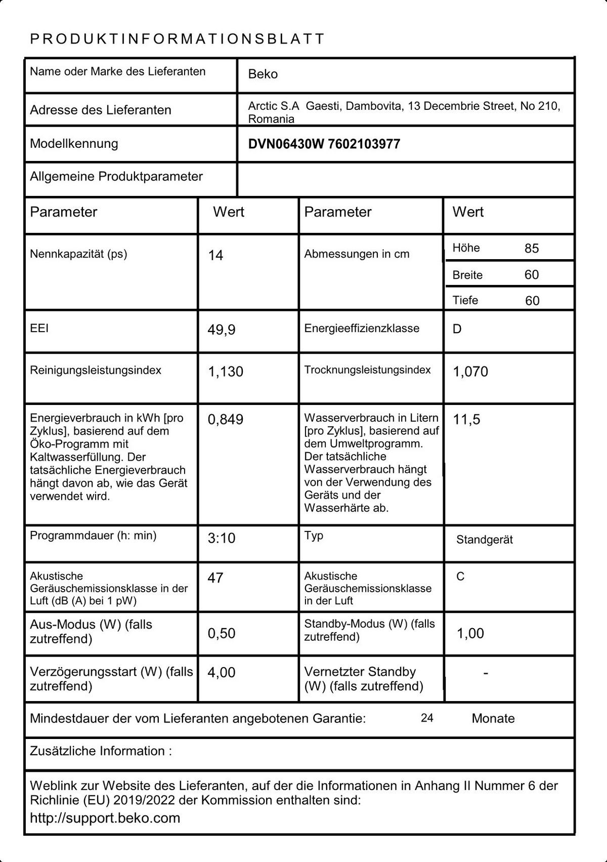 GESCHIRRSPÜLER DVN06430W  - Weiß, Basics (59,8/85/60cm) - Beko