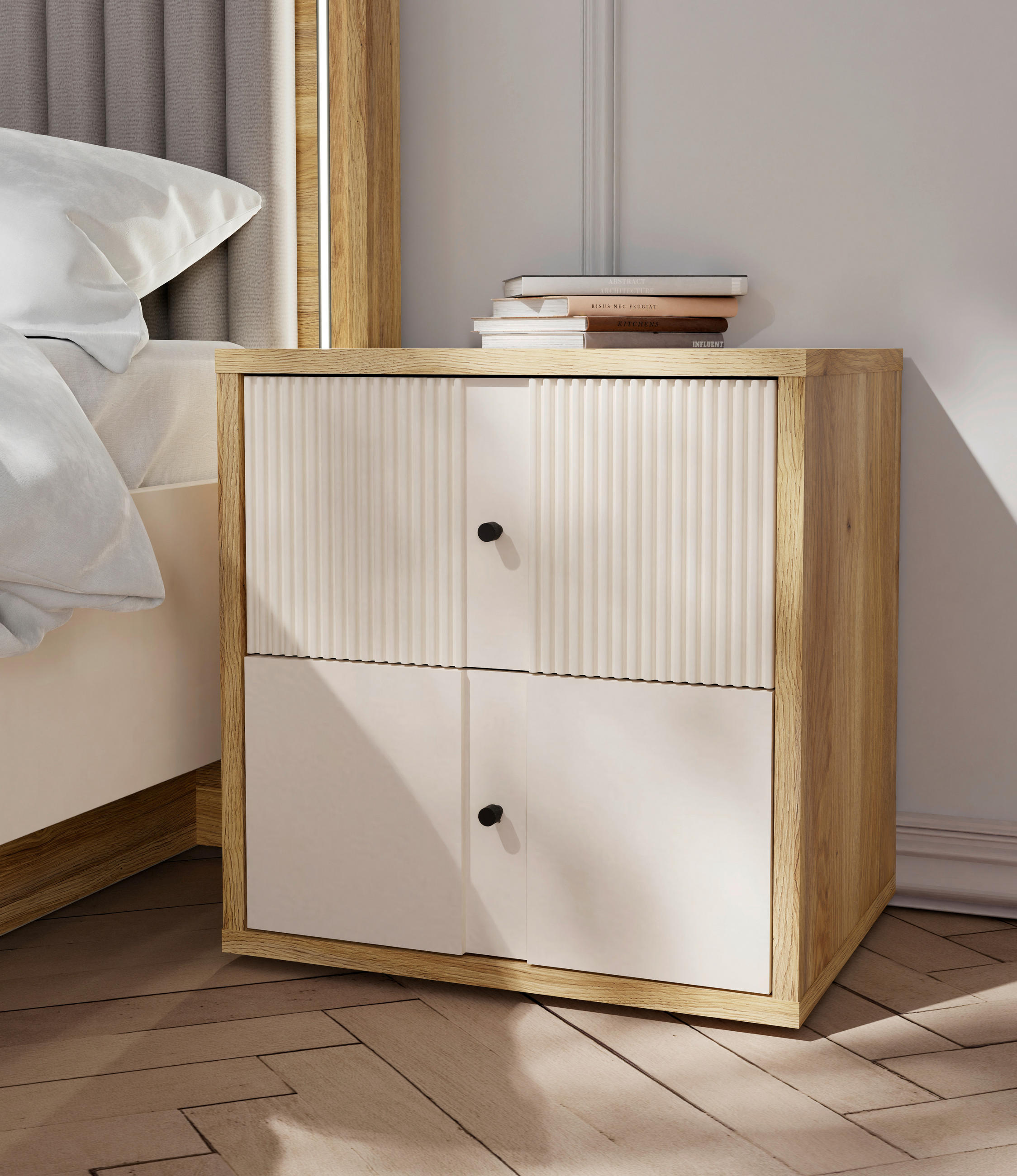 Noptieră, 54,8/57,5/42 cm, culoare lemn stejar, nisipiu - culoare lemn stejar/nisipiu, Modern, plastic/metal (54,8/57,5/42cm) - Voleo