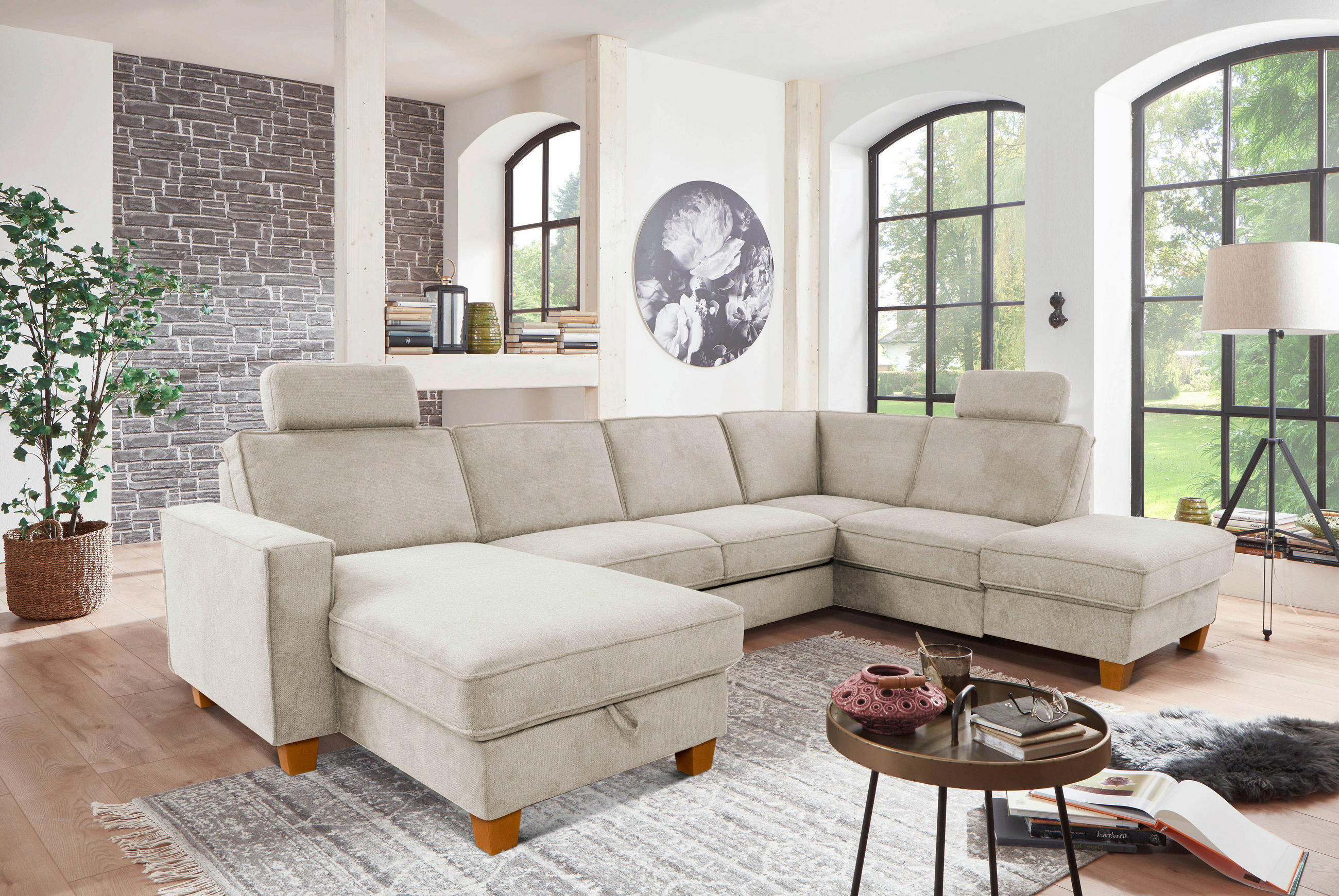 WOHNLANDSCHAFT Creme Flachgewebe  - Eichefarben/Creme, KONVENTIONELL, Holz/Textil (161/309/213cm) - Sit & More