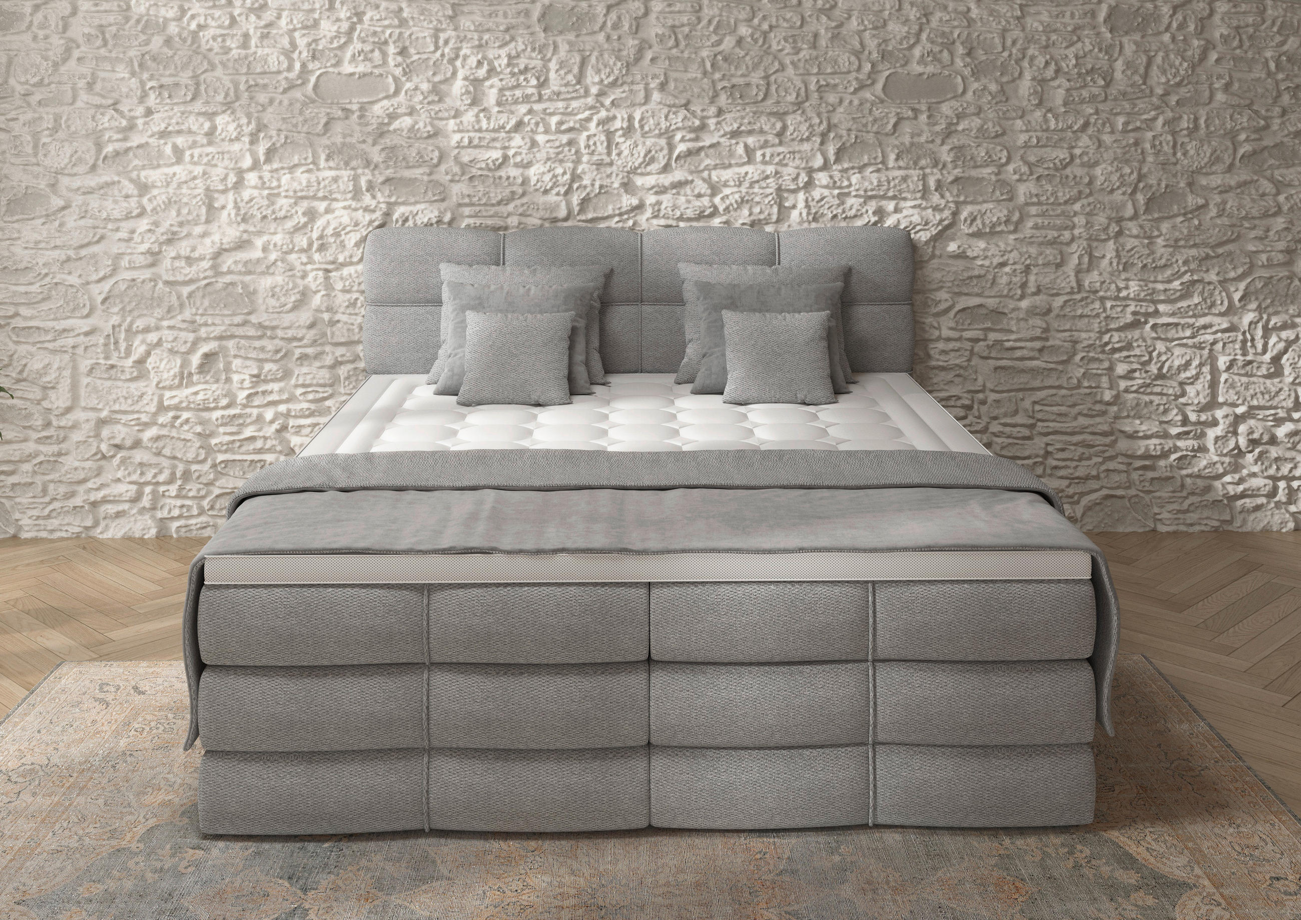 BOXSPRINGBETT 180/200 cm,  in Grau, gepolstertes Kopfteil, Bettkasten, Topper, Matratzen, H3 + H3 = fest  - Schwarz/Grau, Design, Kunststoff/Textil (180/200cm) - Chameo