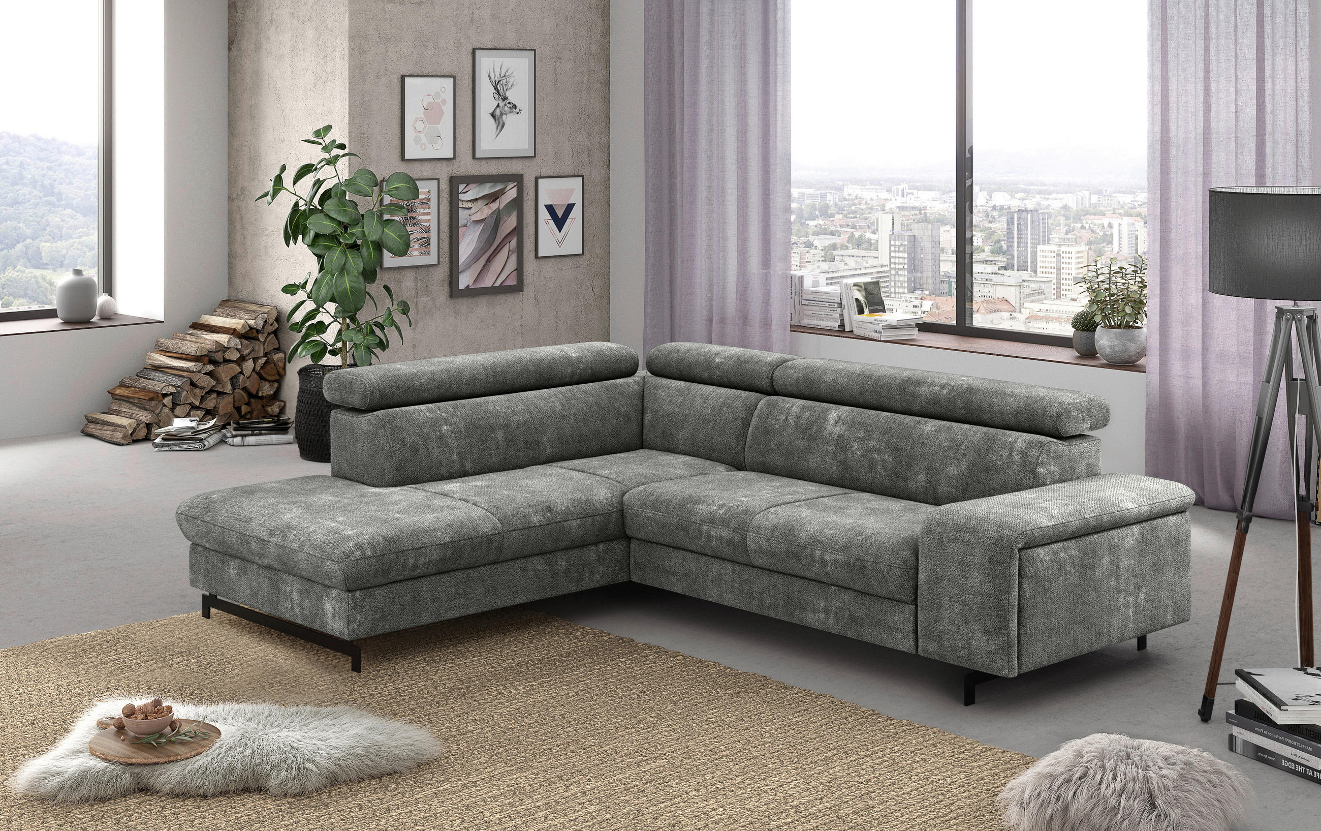 ECKSOFA in Chenille Grau  - Schwarz/Grau, Textil/Metall (215/262cm) - MID.YOU