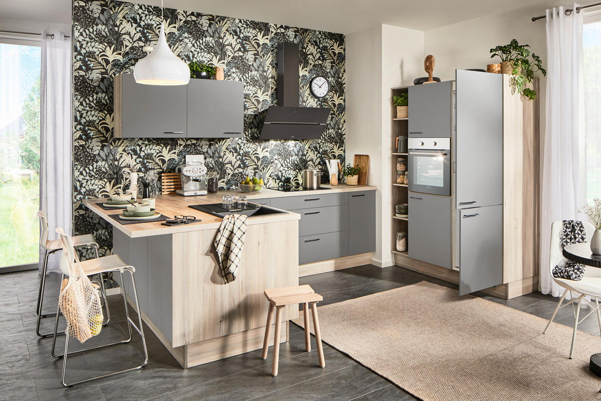 ECKKÜCHE  in Grau, Tannenholzfarben  - Tannenholzfarben/Schwarz, Design, Holzwerkstoff/Metall (121,6/280/150cm) - Xora