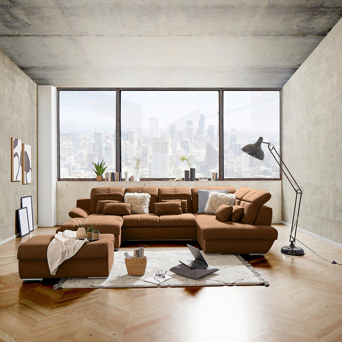 WOHNLANDSCHAFT Cognac Mikrofaser  - Chromfarben/Dunkelgrau, MODERN, Textil/Metall (184/345/228cm) - MID.YOU