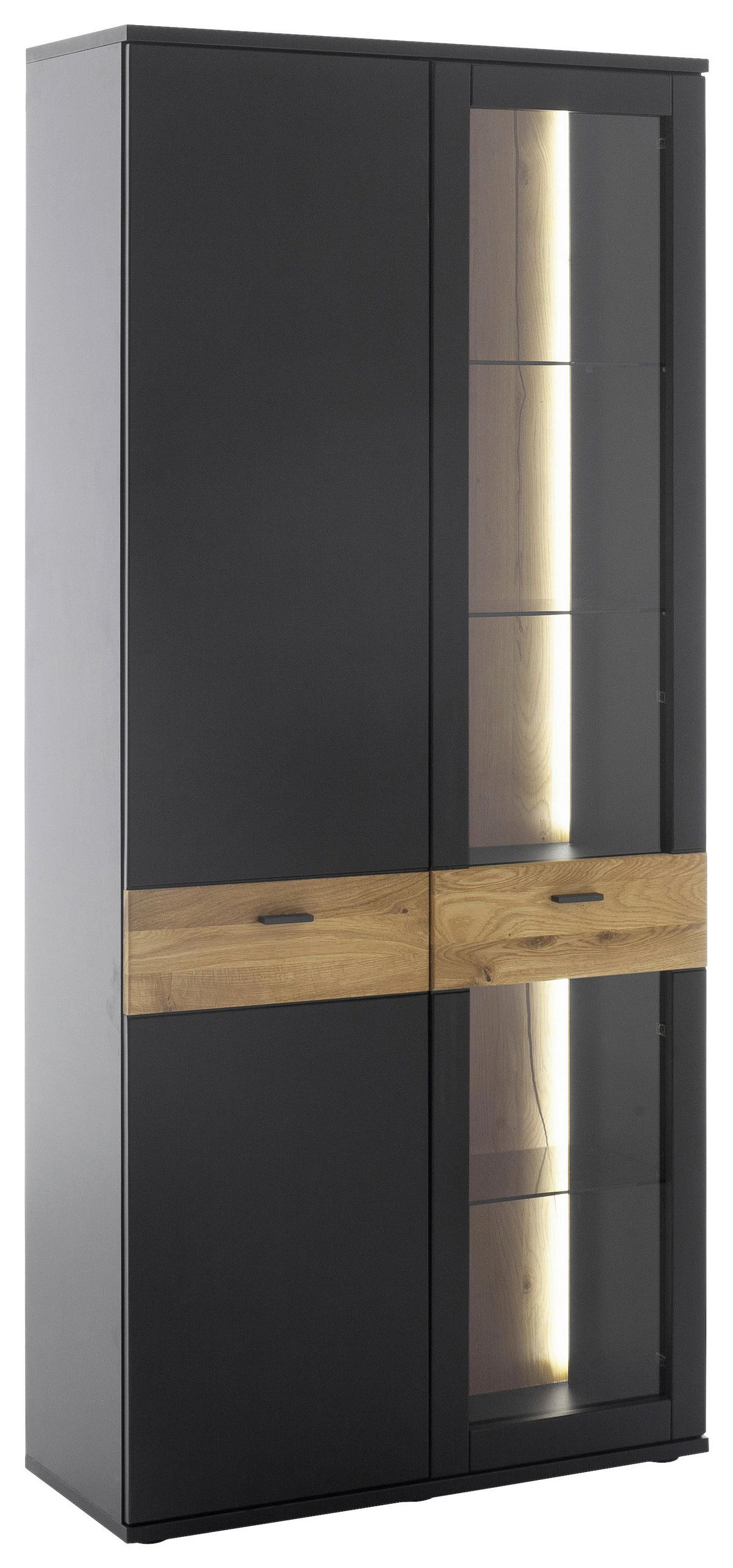 VITRINĂ  in furniruit, masiv stejar gri, negru, culoare lemn stejar  - culoare lemn stejar/antracit, Design, sticlă/metal (90/201/37cm) - Novel