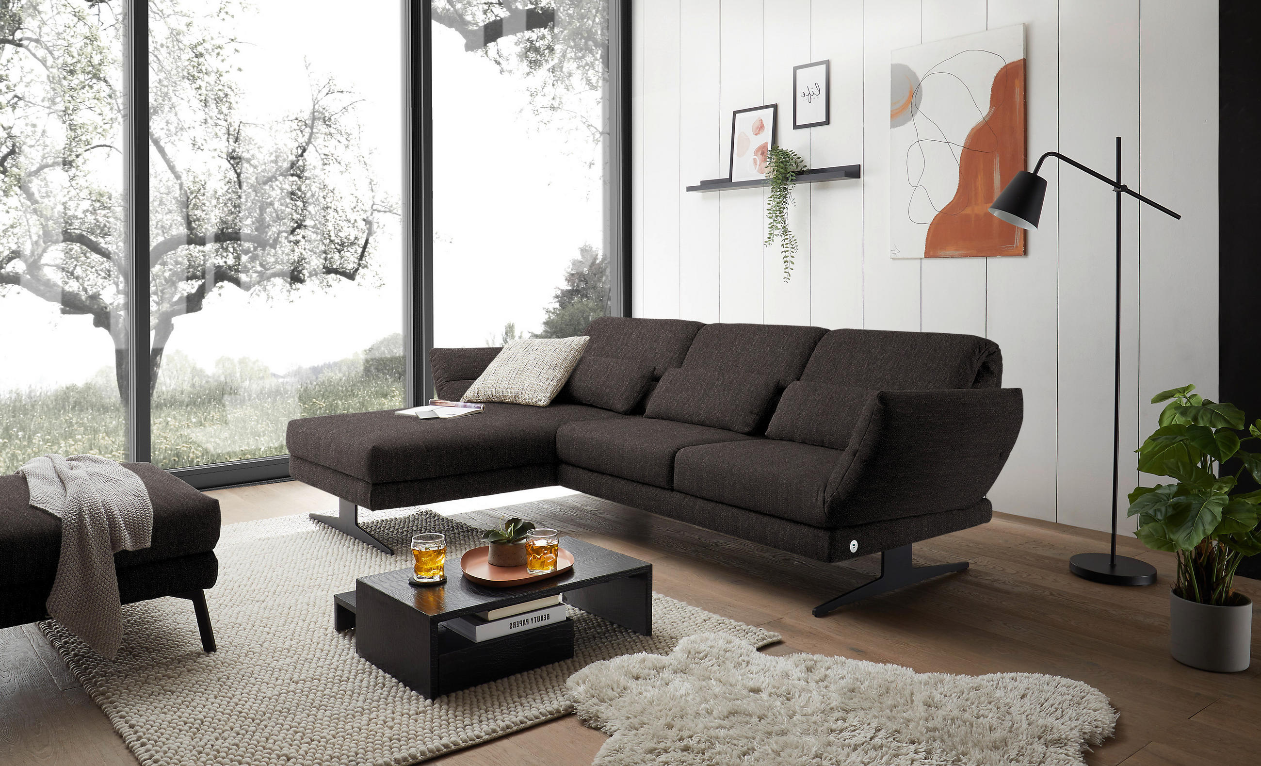 ECKSOFA in Flachgewebe Dunkelbraun  176-217/279-327 cm  - Dunkelbraun/Schwarz, Design, Textil/Metall (176-217/279-327cm) - Dieter Knoll