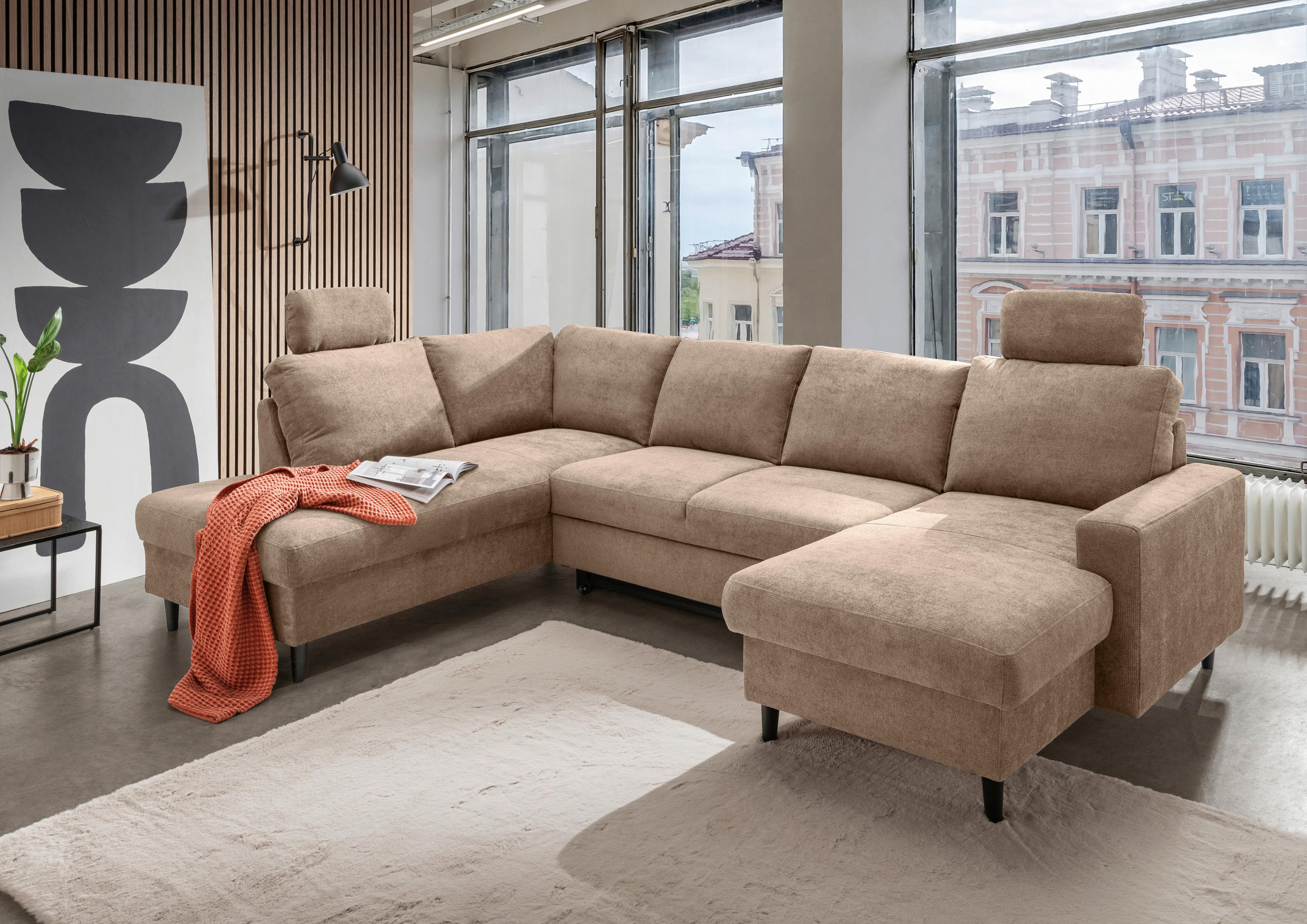 WOHNLANDSCHAFT in Chenille Hellbraun  - Hellbraun/Schwarz, Modern, Holz/Textil (200/305/153cm) - Livetastic