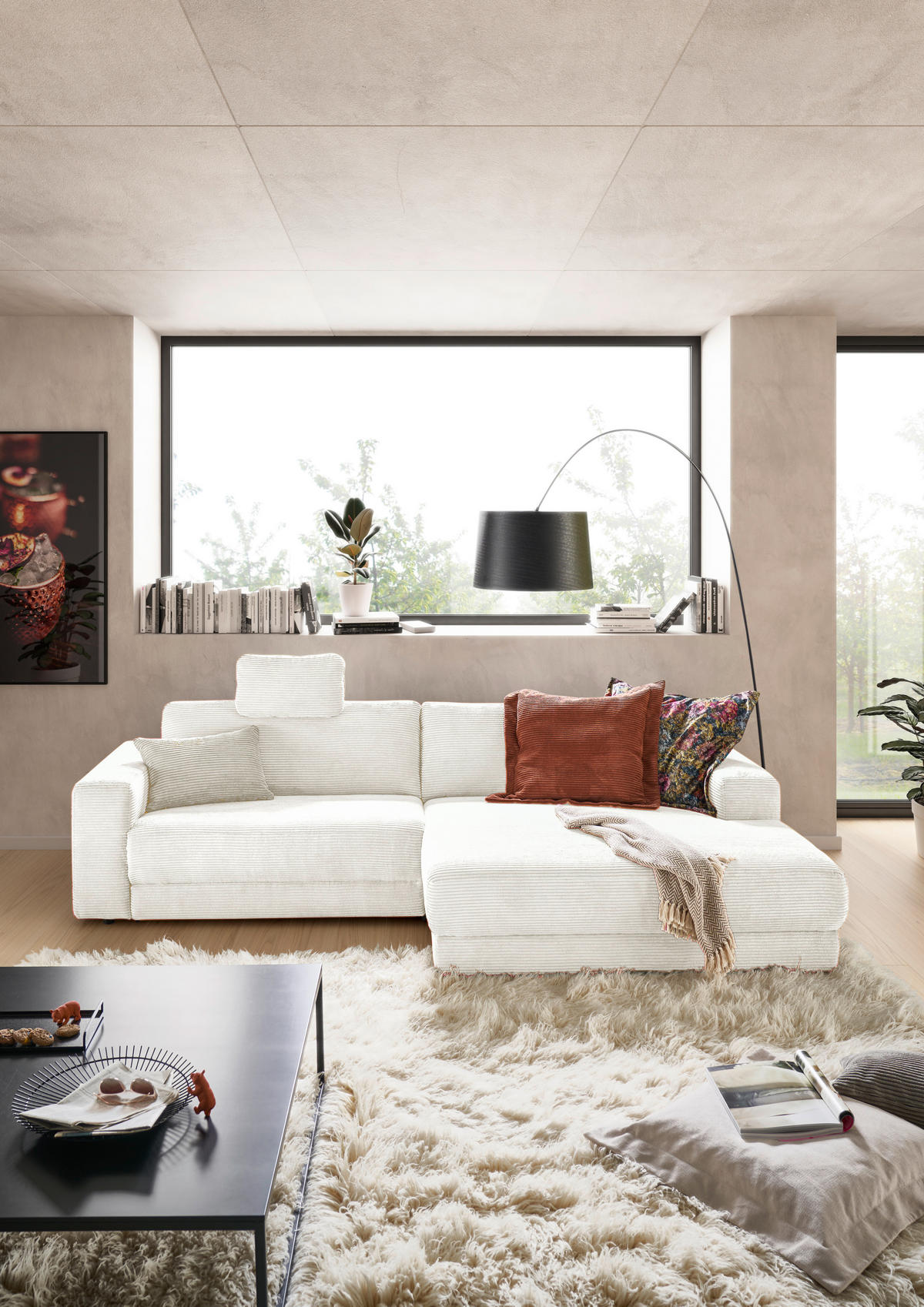 ECKSOFA inkl. Relaxfunktion Creme Cord  - Creme/Schwarz, Design, Kunststoff/Textil (296/168cm) - Pure Home Lifestyle