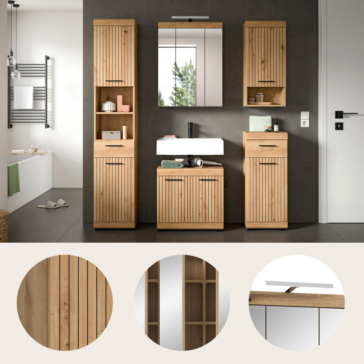 BADRUM 134 cm  - svart/ek Artisan, Trend, trämaterial/glas (134cm) - MID.YOU