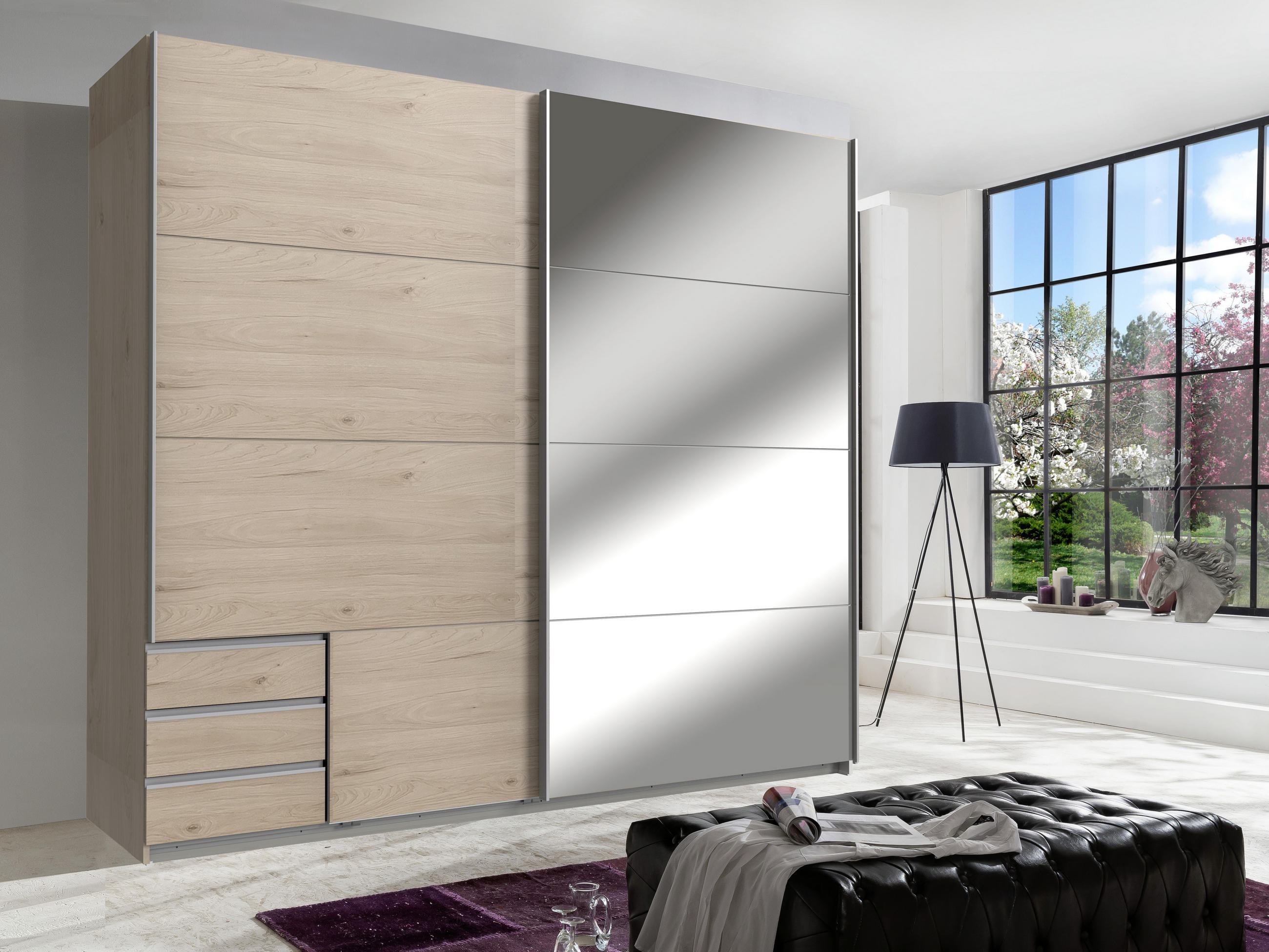 SCHWEBETÜRENSCHRANK  in Eichefarben  - Eichefarben/Alufarben, KONVENTIONELL, Glas/Holzwerkstoff (225/208/64cm) - Carryhome
