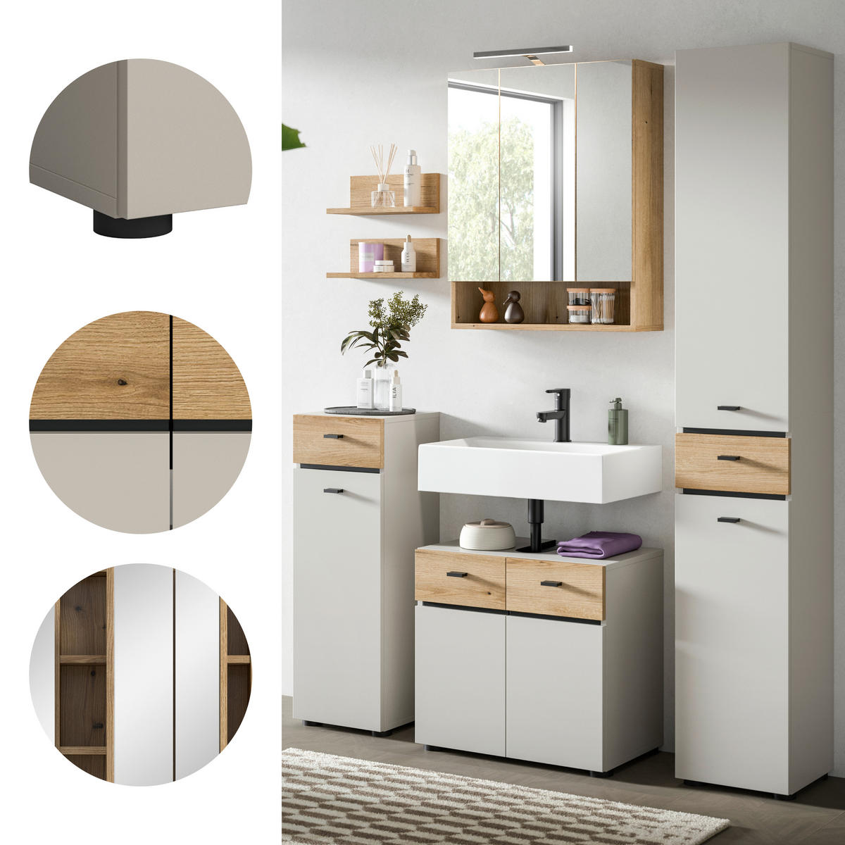 BADEZIMMER 5-teilig  in 124 cm  - Kaschmir/Eichefarben, Trend, Glas/Holzwerkstoff (124cm) - MID.YOU