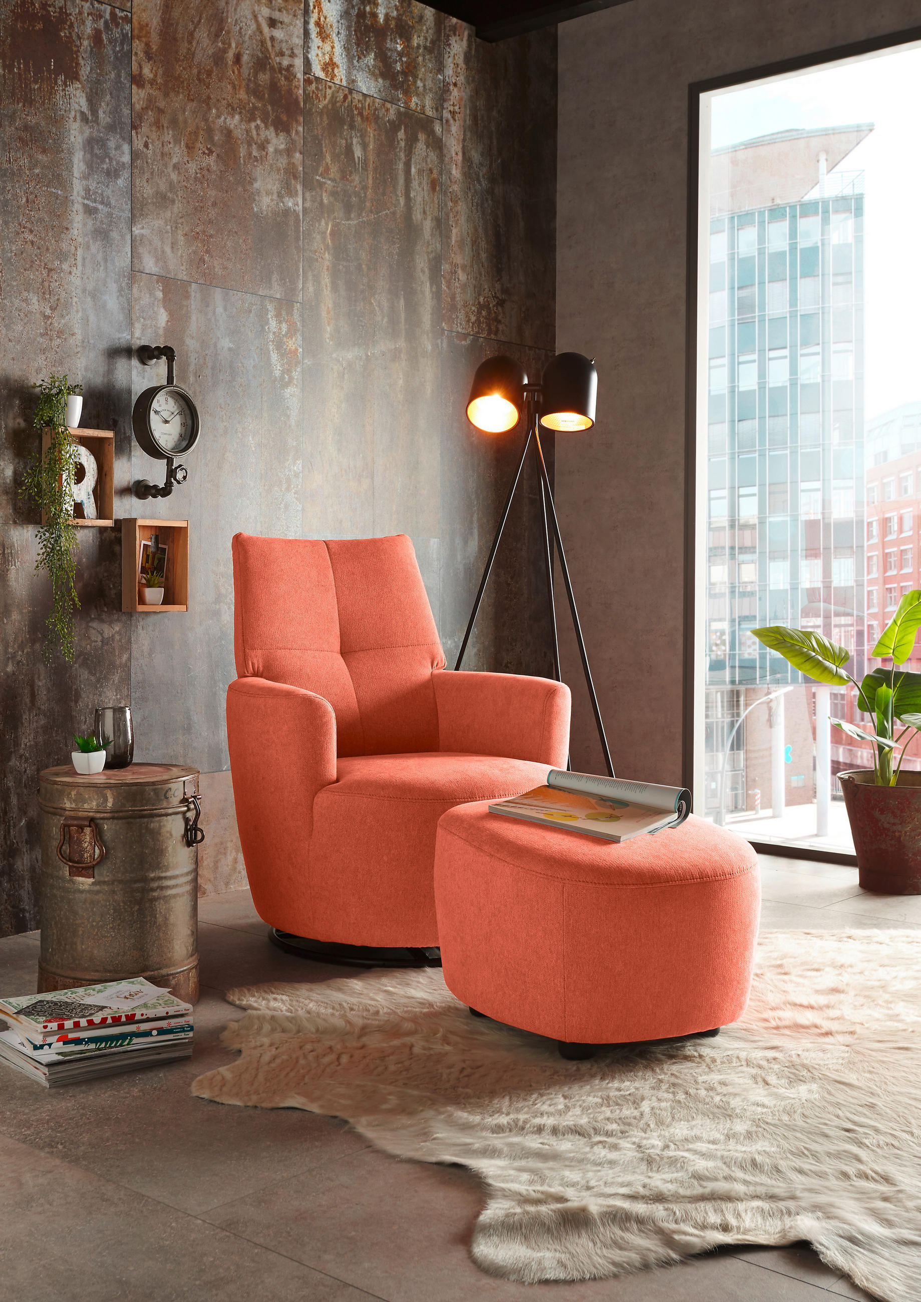 HOCKER Webstoff Koralle  - Koralle/Schwarz, Design, Kunststoff/Textil (54/41/57cm) - SetOne by Musterring