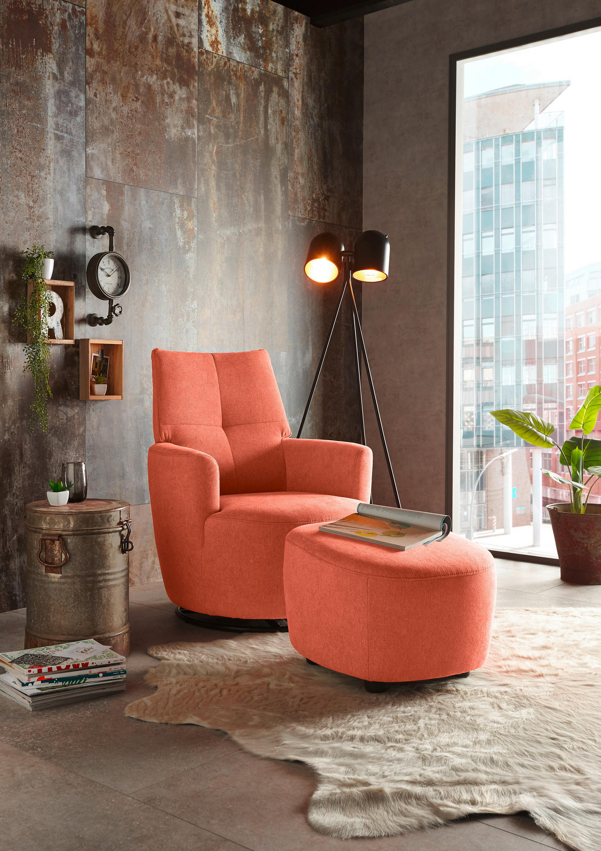 HOCKER Webstoff Koralle  - Koralle/Schwarz, Design, Kunststoff/Textil (54/41/57cm) - SetOne by Musterring