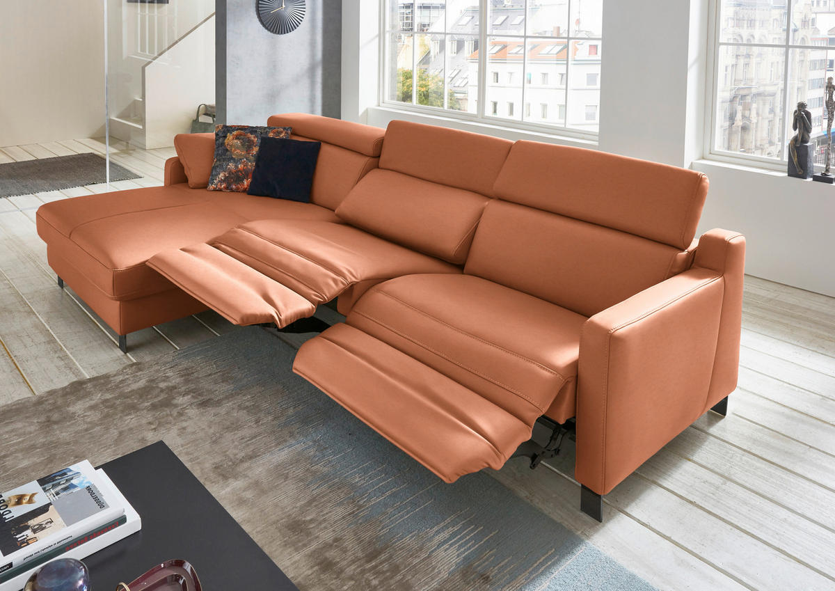 ECKSOFA in Echtleder Cognac  - Cognac/Schwarz, Design, Leder/Metall (176/291cm) - Valdera