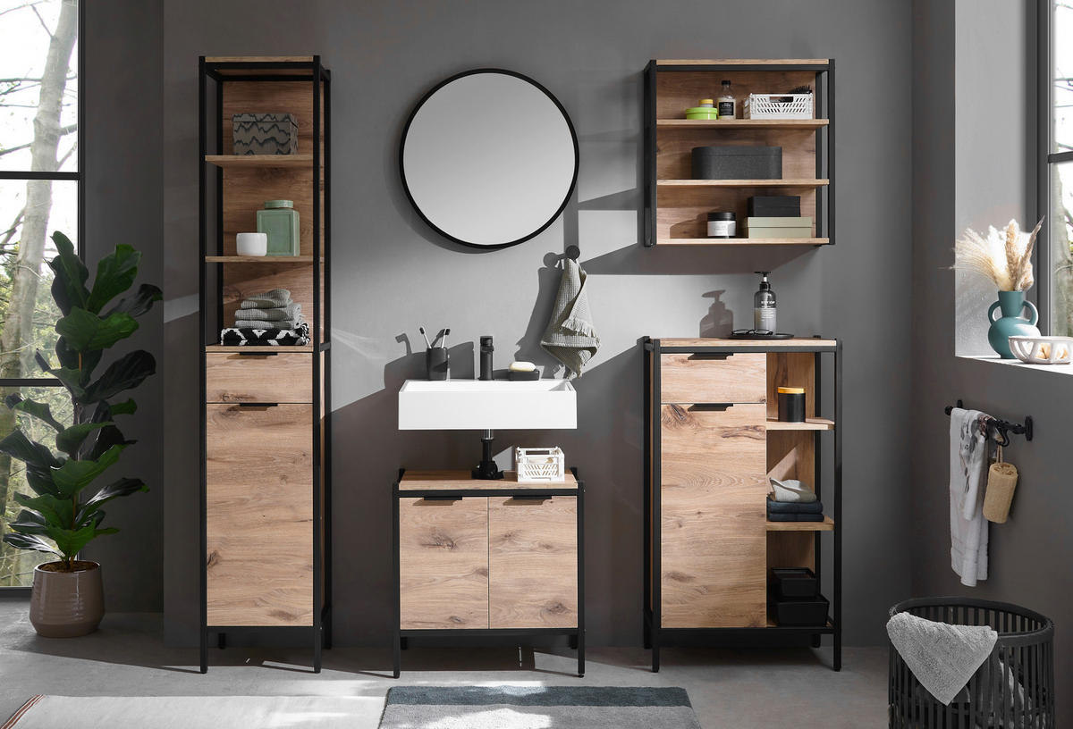 MIDISCHRANK 60/105/30 cm  - Eichefarben/Schwarz, KONVENTIONELL, Holzwerkstoff/Kunststoff (60/105/30cm) - home24