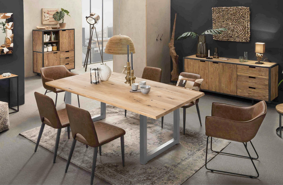 ESSTISCH 220/100/75 cm Echtholz  Holz, Metall rechteckig Naturfarben, Silberfarben  - Silberfarben/Naturfarben, MODERN, Holz/Metall (220/100/75cm) - MID.YOU