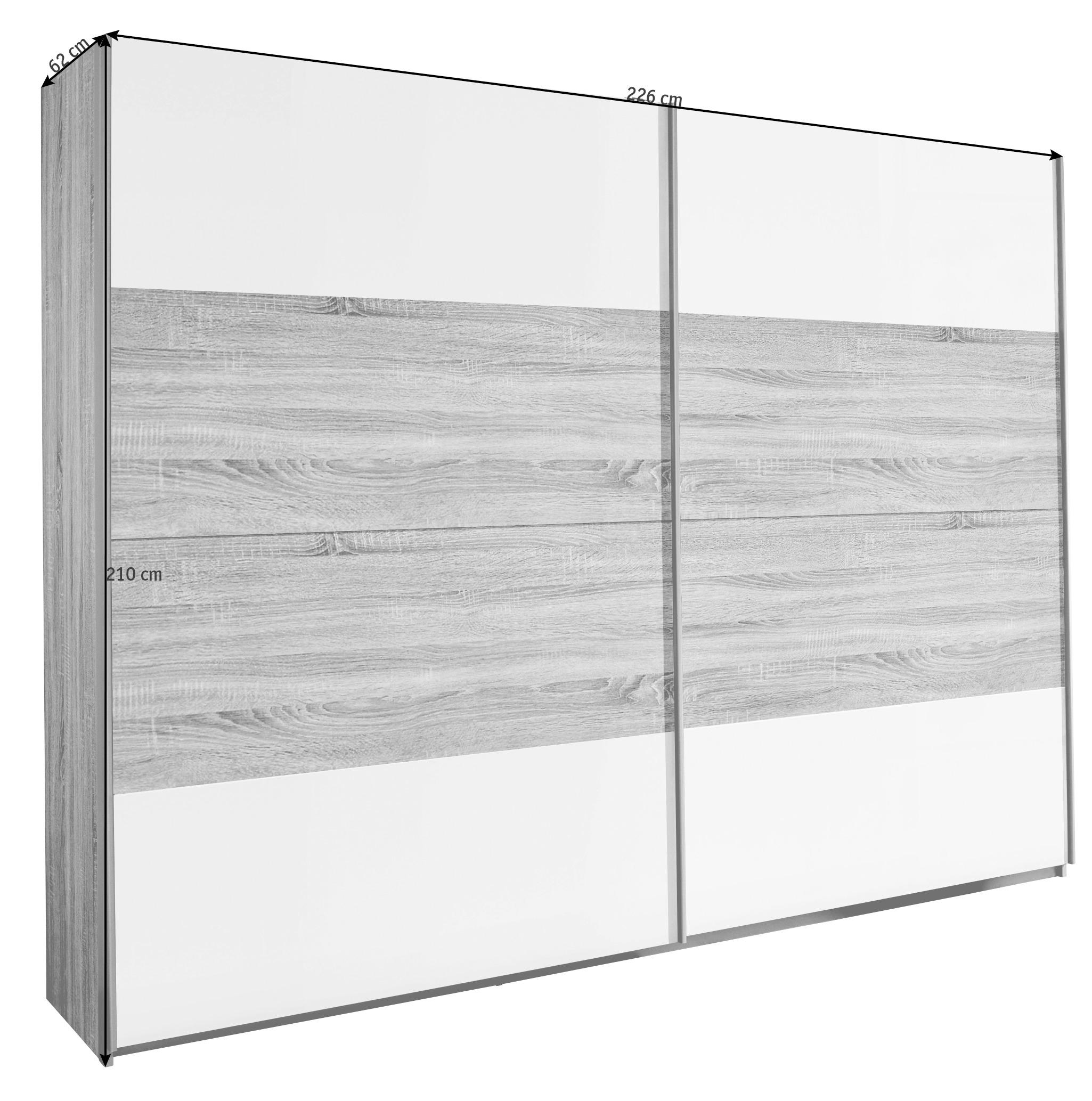 SCHWEBETÜRENSCHRANK 226/210/62 cm 2-türig Weiß, Sonoma Eiche  - Alufarben/Weiß, Design, Holzwerkstoff/Metall (226/210/62cm) - Carryhome