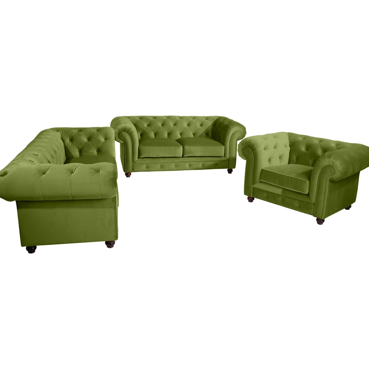 CHESTERFIELD-SOFA Orleans in Samt, Velours Olivgrün  - Nussbaumfarben/Olivgrün, Design, Holz/Textil (196/77/100cm) - Max Winzer