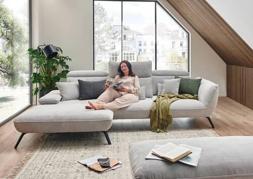 ECKSOFA Hellgrau Cord  - Hellgrau/Schwarz, Design, Textil/Metall (301/202cm) - Moderano