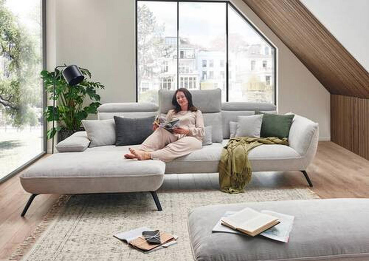 ECKSOFA in Cord Hellgrau  - Hellgrau/Schwarz, Design, Textil/Metall (301/202cm) - Moderano