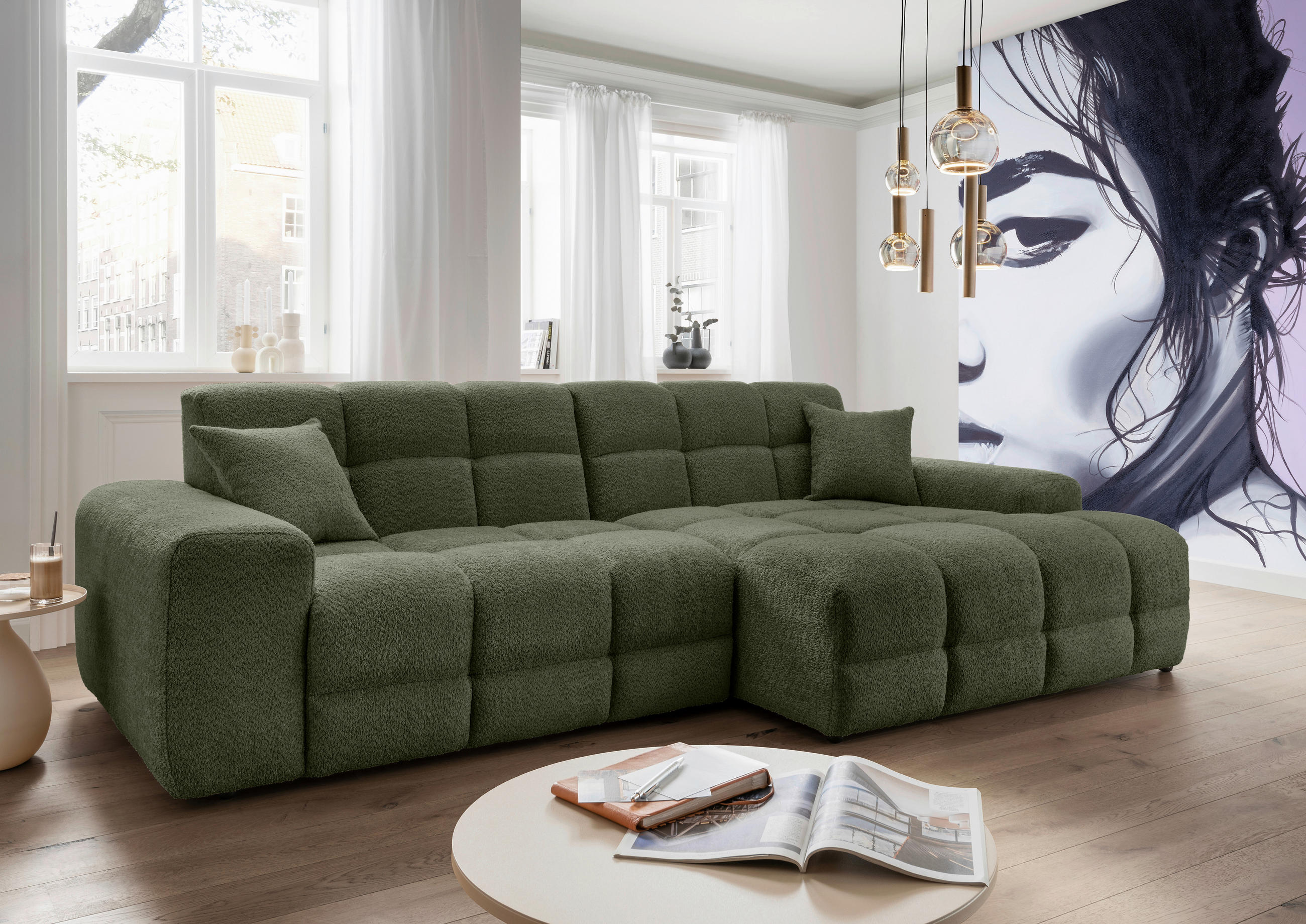 ECKSOFA in Bouclé Dunkelgrün - Dunkelgrün/Schwarz, Modern, Kunststoff/Textil (301/152cm) - Livetastic