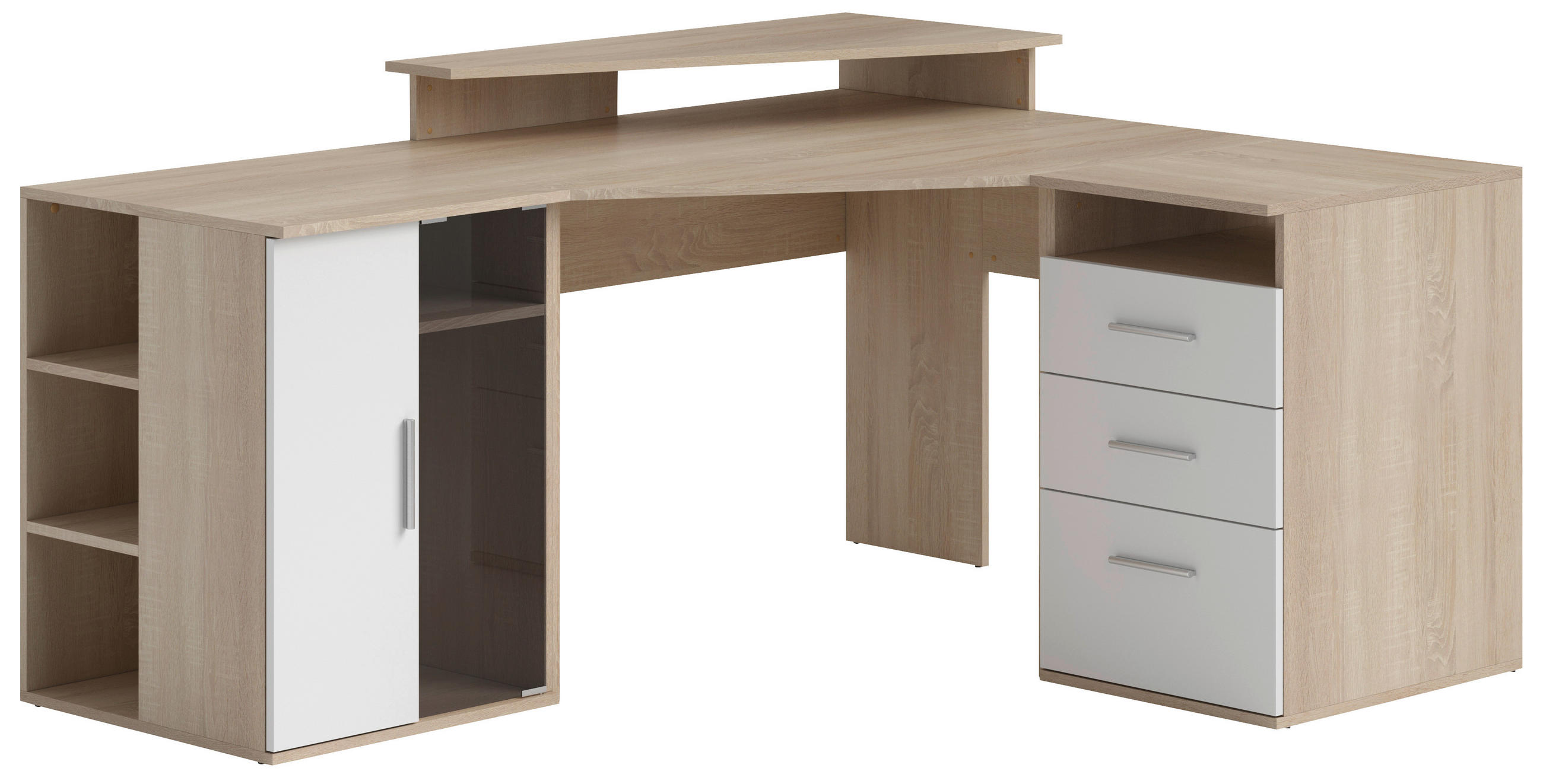 KOTNA PISALNA MIZA leseni material bela, barve hrasta  - srebrne barve/barve hrasta, Design, umetna masa/steklo (173/75/140cm) - Cantus