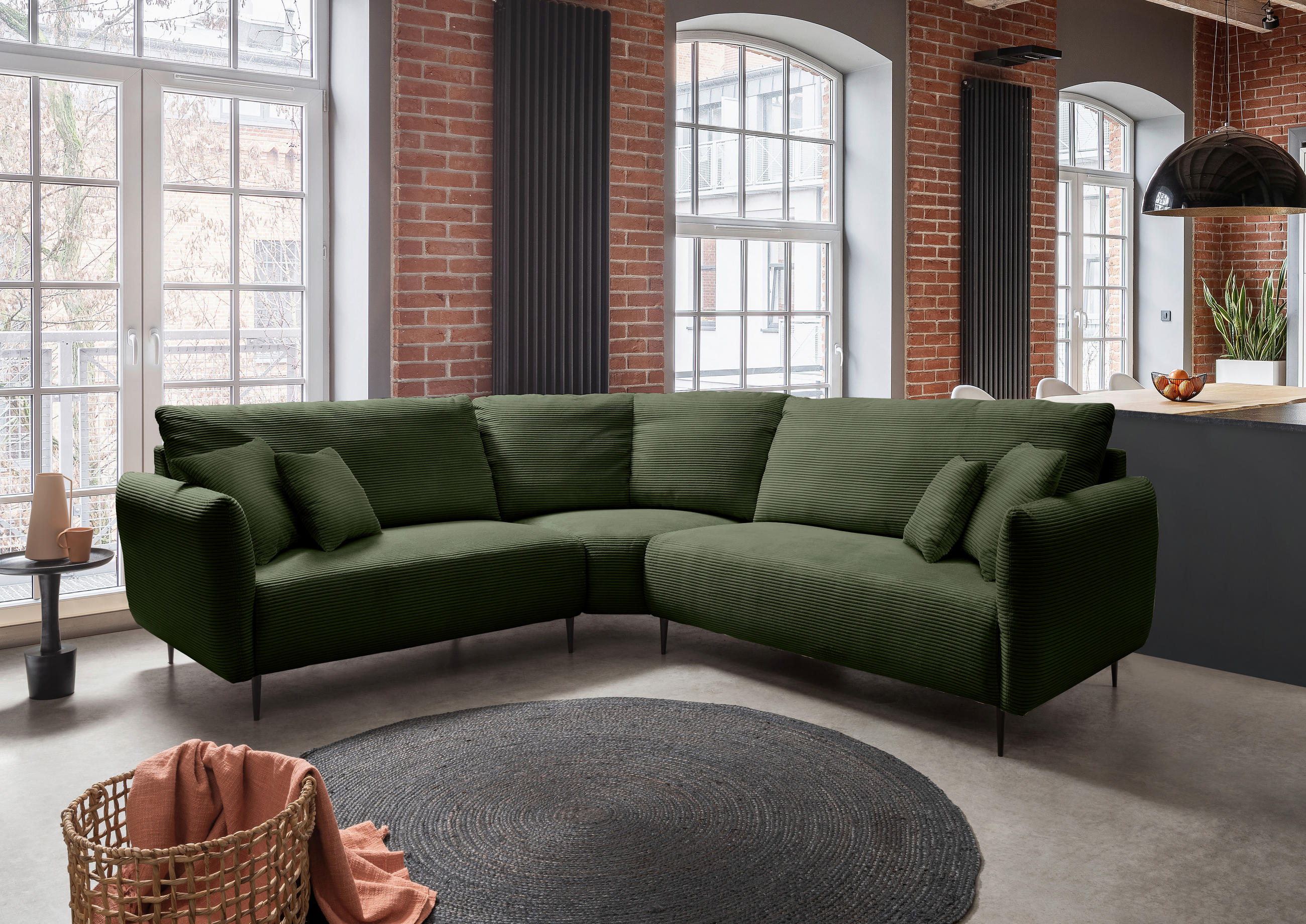 ECKSOFA in Cord Dunkelgrün  256/256 cm  - Dunkelgrün/Schwarz, Design, Textil/Metall (256/256cm) - Livetastic
