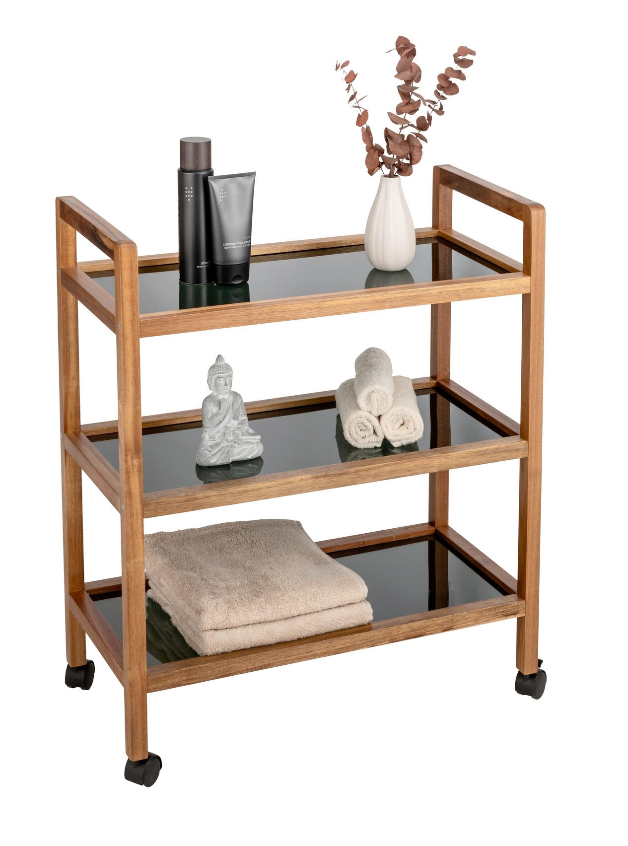 BADEZIMMERREGAL - Schwarz/Braun, Basics, Glas/Holz (65/76,5/31cm) - Wenko