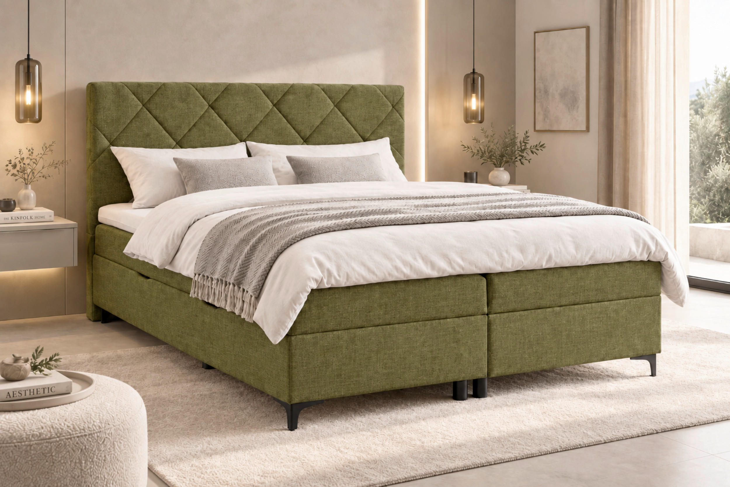 BOXBETT 160/200 cm,  in Grün, Bettkasten, Topper, H3 + H3 = fest  - Schwarz/Grün, MODERN, Holz/Textil (160/200cm) - MID.YOU