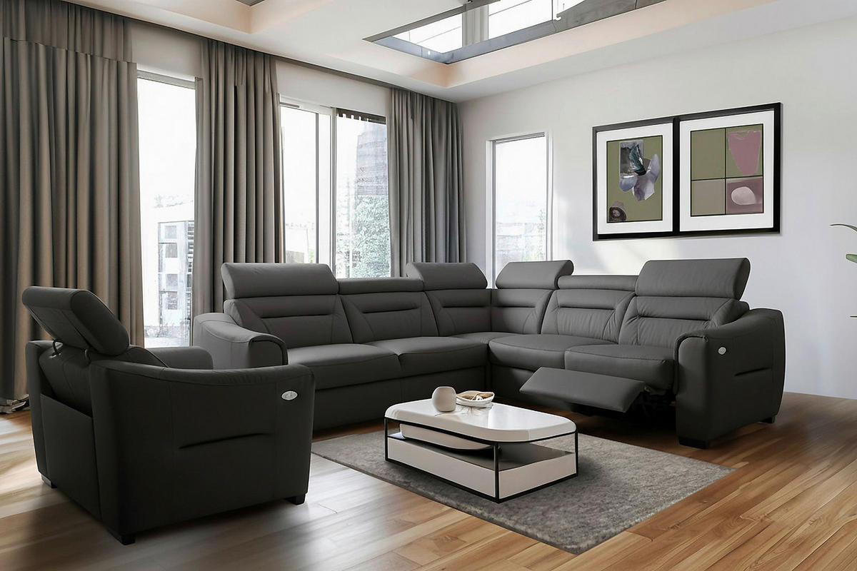 ECKSOFA  in Lederlook Echtleder Anthrazit  - Wengefarben/Anthrazit, Design, Leder/Holz (260/260cm) - Celina Home