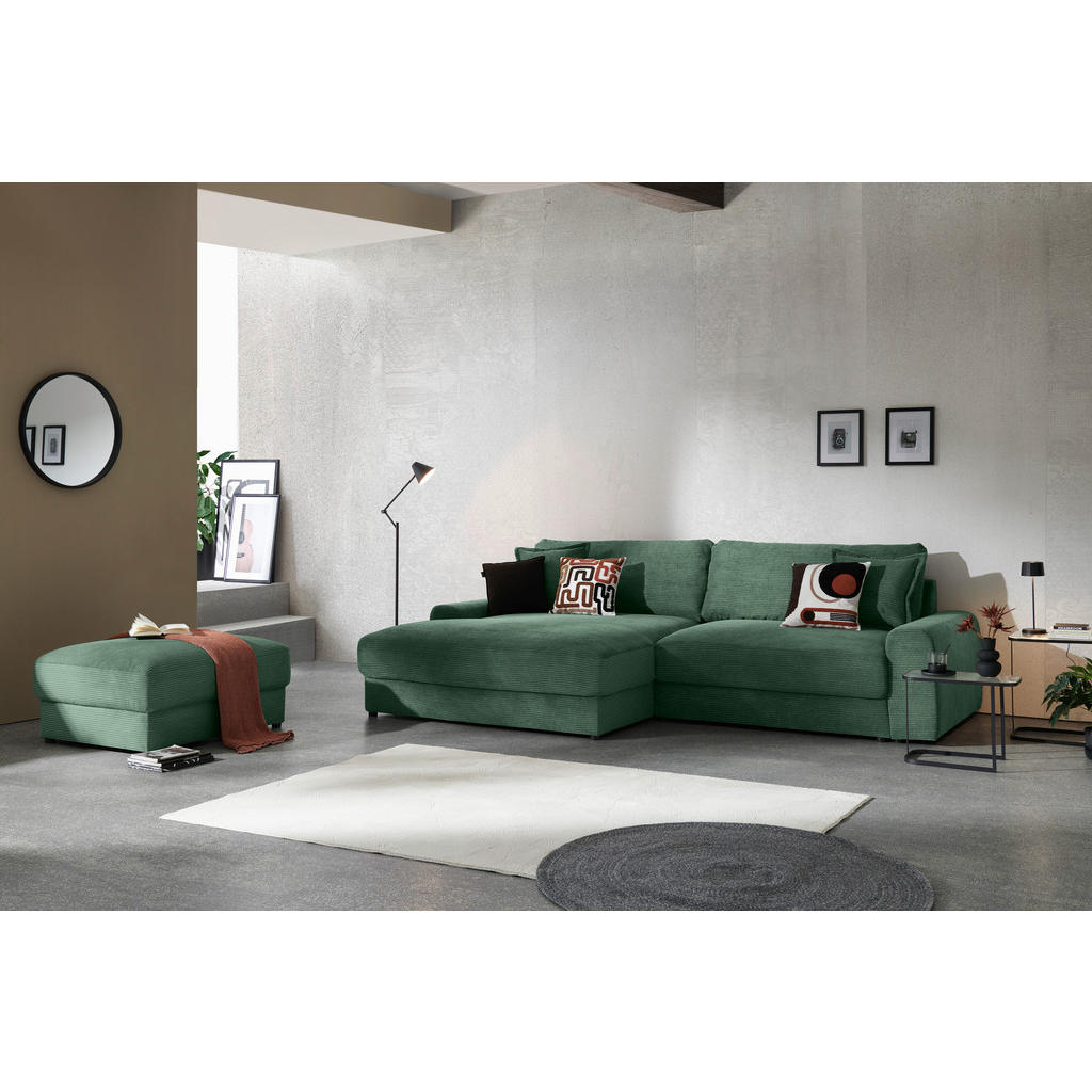 Thumbnail - Carryhome Ecksofa, Dunkelgrün, Textil, 3-Sitzer, Füllung: Schaumstoff,Hohlfaser, Ottomane links, L-Form, 300x180 cm, Rüc...
