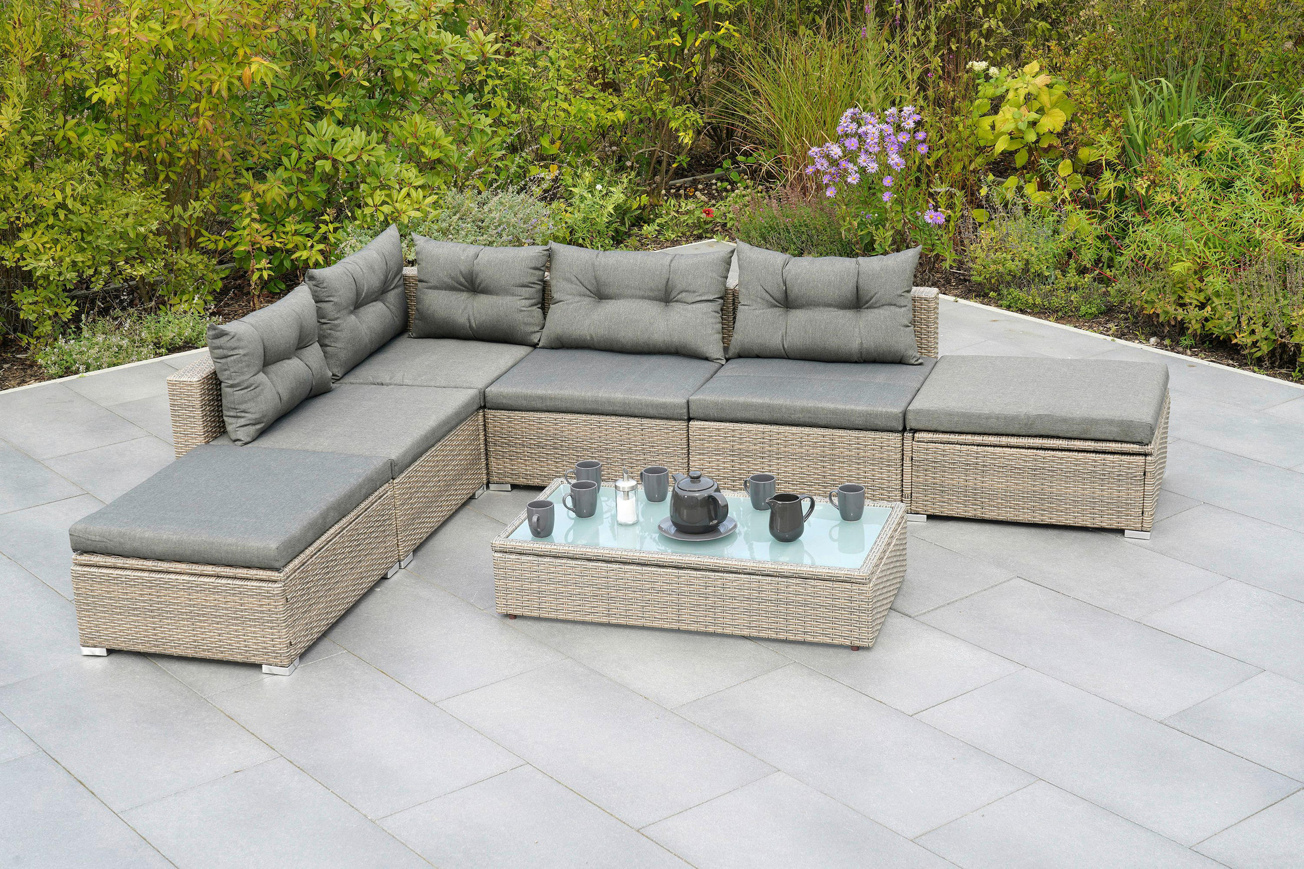 LOUNGEGARNITUR 7-teilig   Stahl  - Naturfarben/Grau, MODERN, Glas/Kunststoff - Gardenson