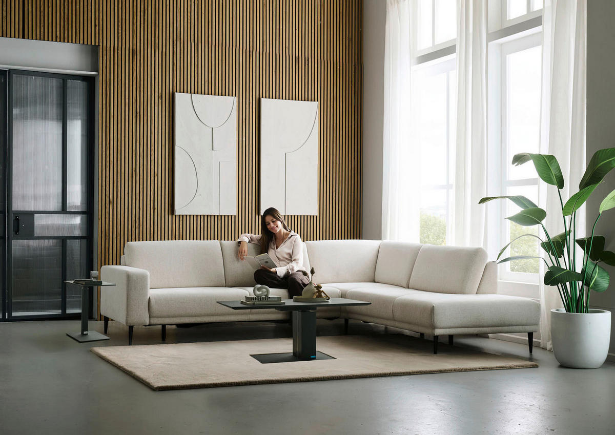 ECKSOFA Dieter Knoll Beige Chenille  - Beige/Schwarz, Design, Textil/Metall (303/254cm) - Dieter Knoll