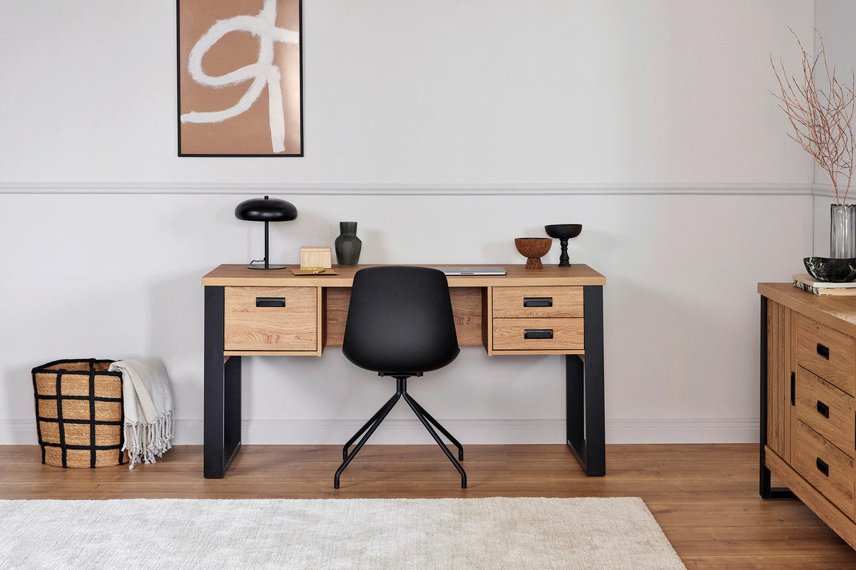 SCHREIBTISCH 150/59/76 cm  in Schwarz, Eichefarben  - Eichefarben/Schwarz, MODERN, Holzwerkstoff/Metall (150/59/76cm) - Livetastic