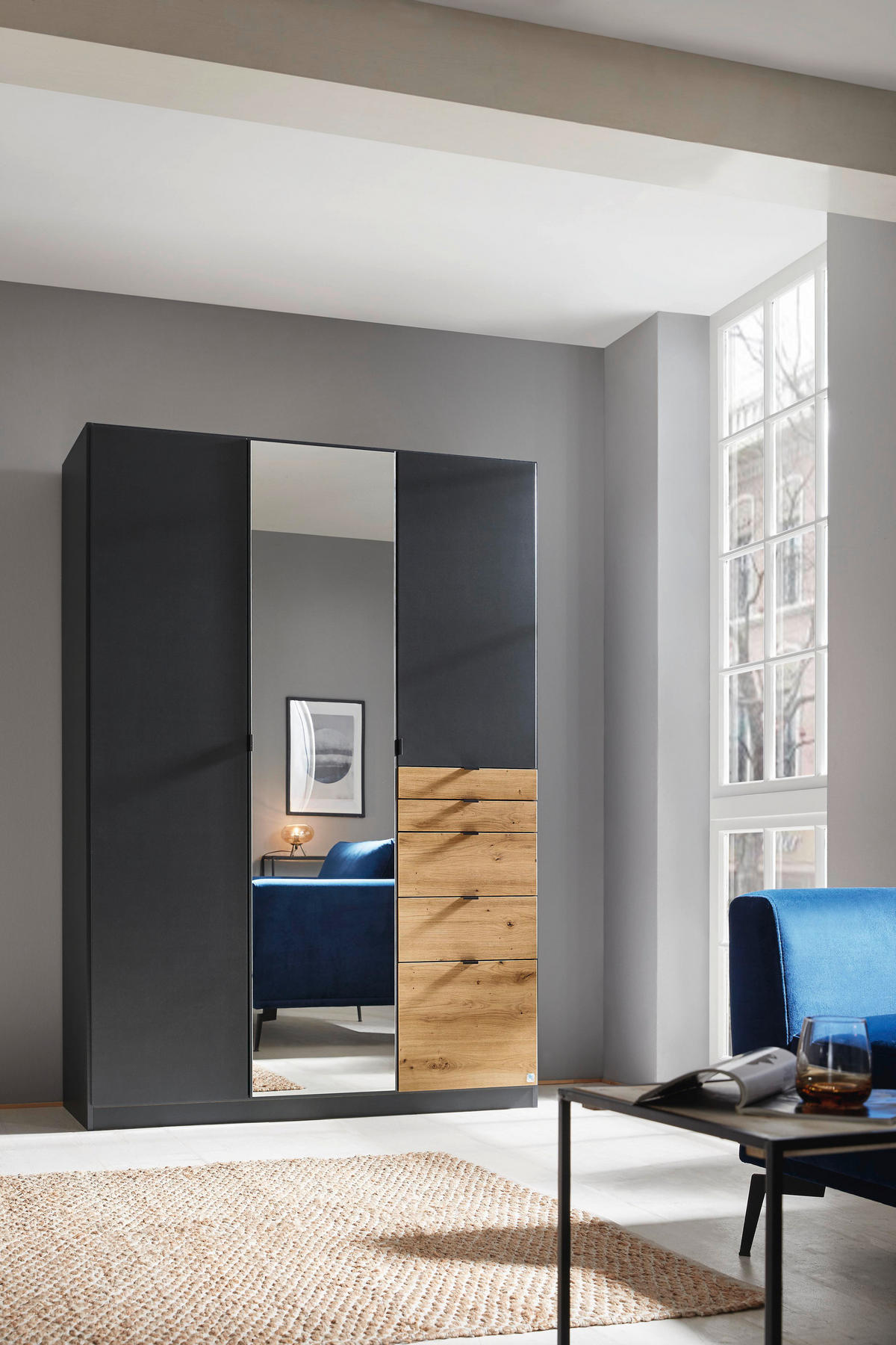 DREHTÜRENSCHRANK 136/197/54 cm 3-türig Eichefarben, Dunkelgrau  - Dunkelgrau/Eichefarben, MODERN, Holzwerkstoff (136/197/54cm) - Rauch Möbel